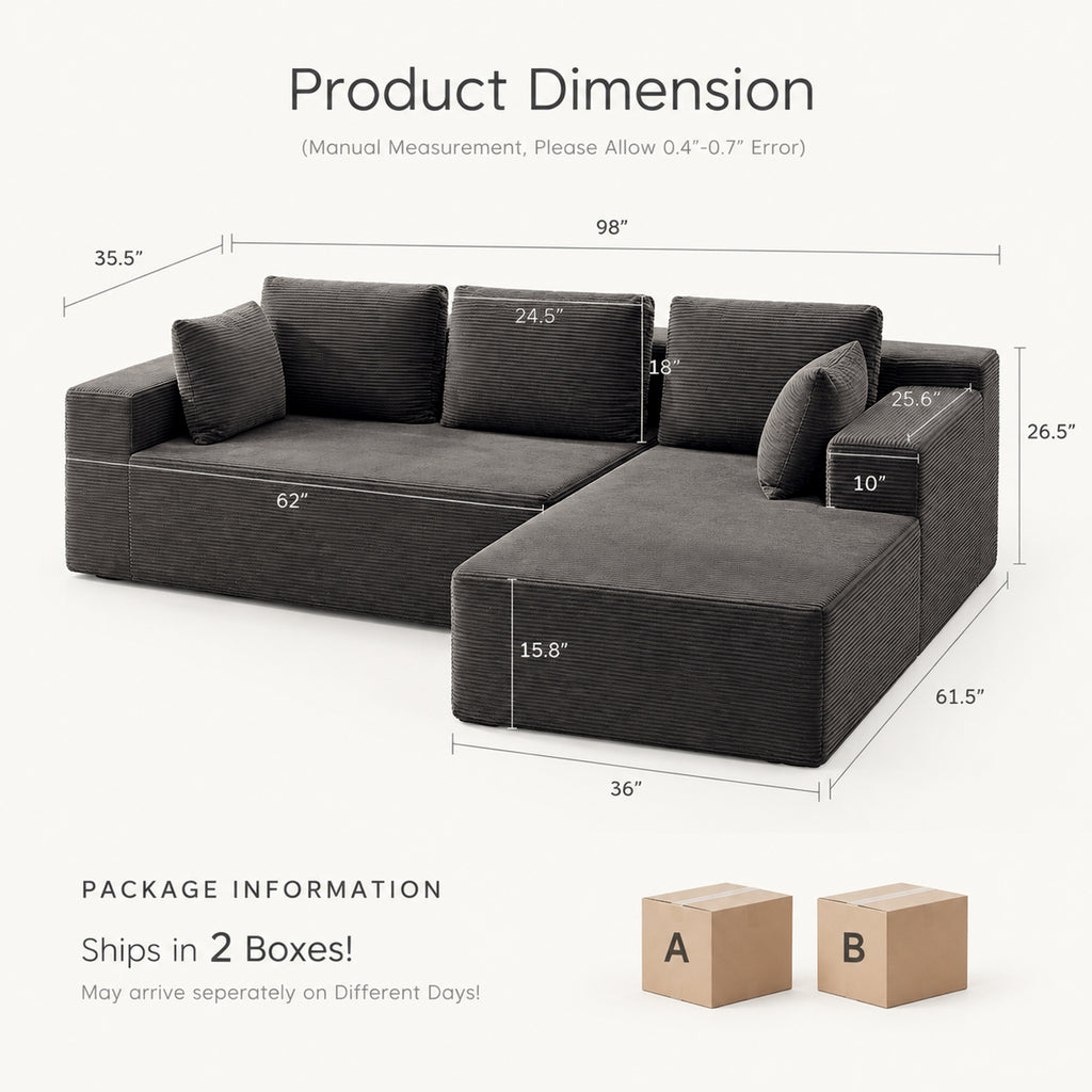 Cfvyne 98" Modular Sectional Sofa with Chaise, Boneless Cloud Couch with Dual-Layer Foam, Deep Seat L-Shaped Corduroy Sofa for Living Room, Dark Gray