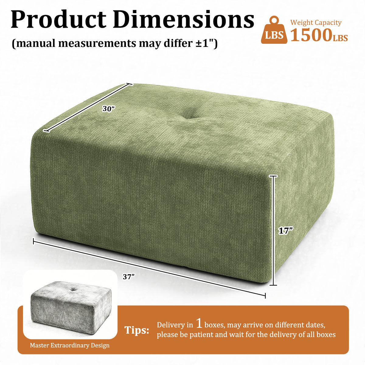 37" Oversized Modular Sofa Ottoman, Soft Chenille Fabric Couch with Deep Seat, High Back Design, No Assembly, Green