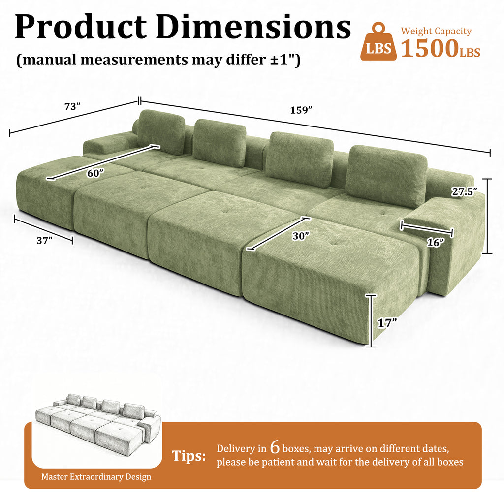 159" U-Shaped Oversized Cloud Couch, Modular Sectional Sofa with High Back & Extra Deep Seat, No Assembly Required, Plush Chenille, Green