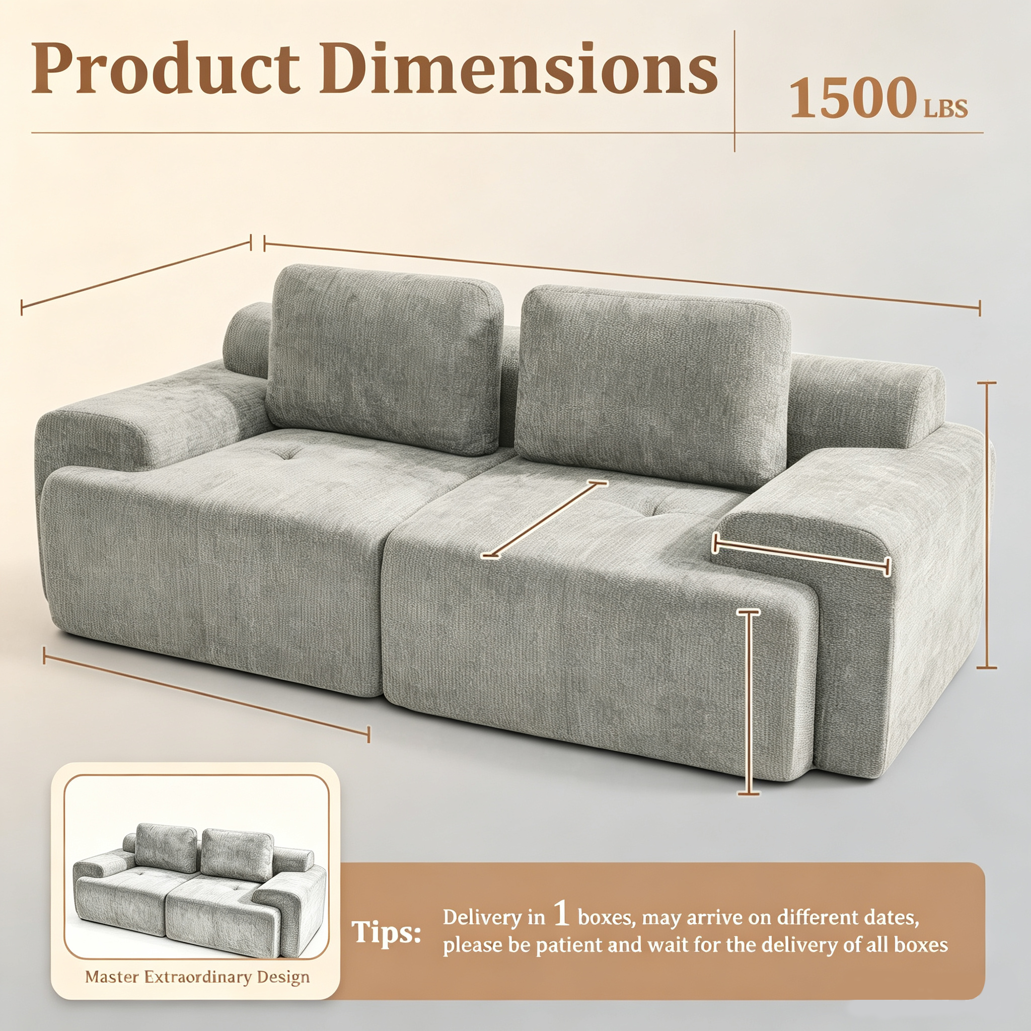 85" Oversized Cloud Modular Sofa, High Back & Extra Deep Seat, No Assembly Required Soft Chenille, 2 Seat,Light Gray