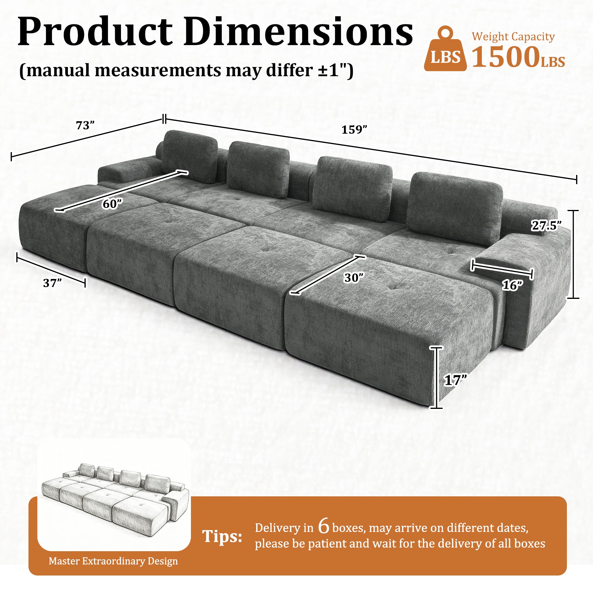 159" U-Shaped Oversized Cloud Couch, Modular Sectional Sofa with High Back & Extra Deep Seat, No Assembly Required, Plush Chenille, Dark Grey