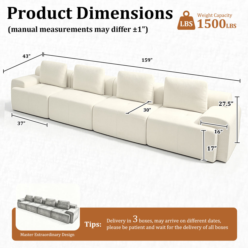 159" L-Shaped Oversized Cloud Couch, Modular Sectional Sofa with High Back & Extra Deep Seat, No Assembly Required, Plush Chenille, Beige