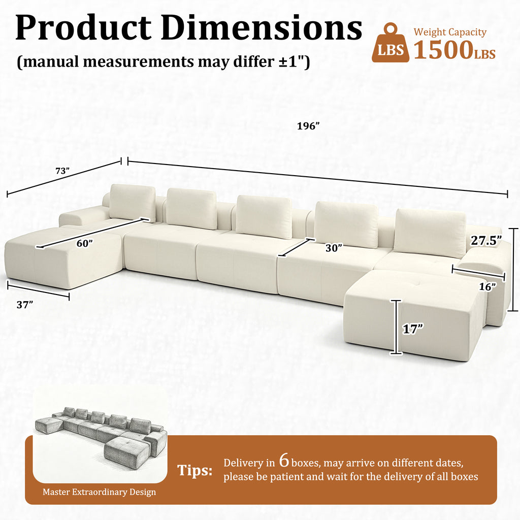 196" U-Shaped Oversized Cloud Couch, Modular Sectional Sofa with High Back & Extra Deep Seat, No Assembly Required, Plush Chenille, Beige
