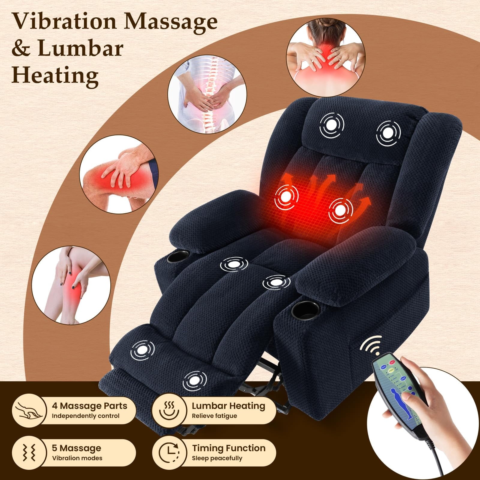Large-Wide Power Lift Recliner Chair for Elderly, Big and Tall, Heat and Massage, Lift Chairs Recliners with Extended Footrest, Remote Control, 2 Cup Holders