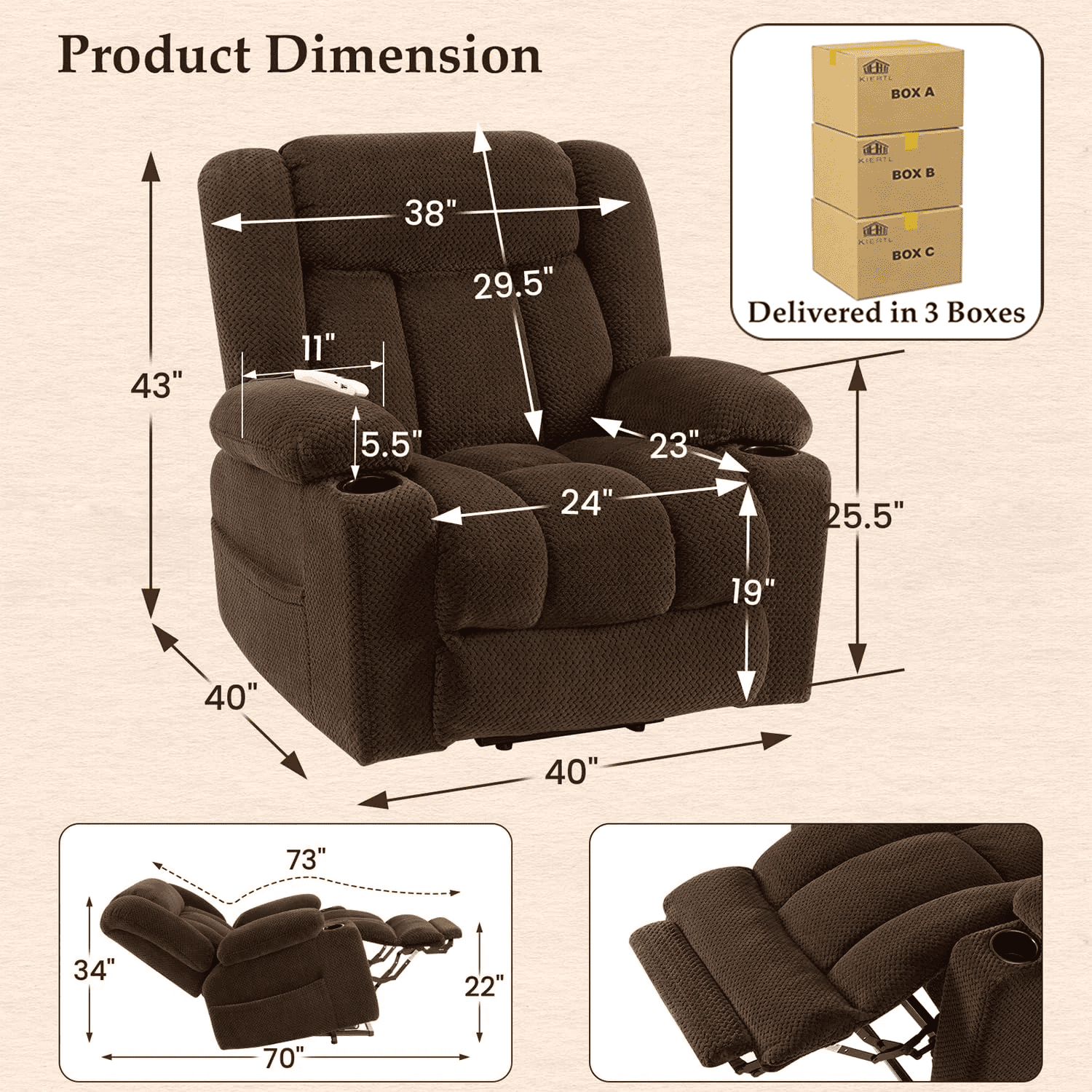 Large-Wide Power Lift Recliner Chair for Elderly, Big and Tall, Heat and Massage, Lift Chairs Recliners with Extended Footrest, Remote Control, 2 Cup Holders