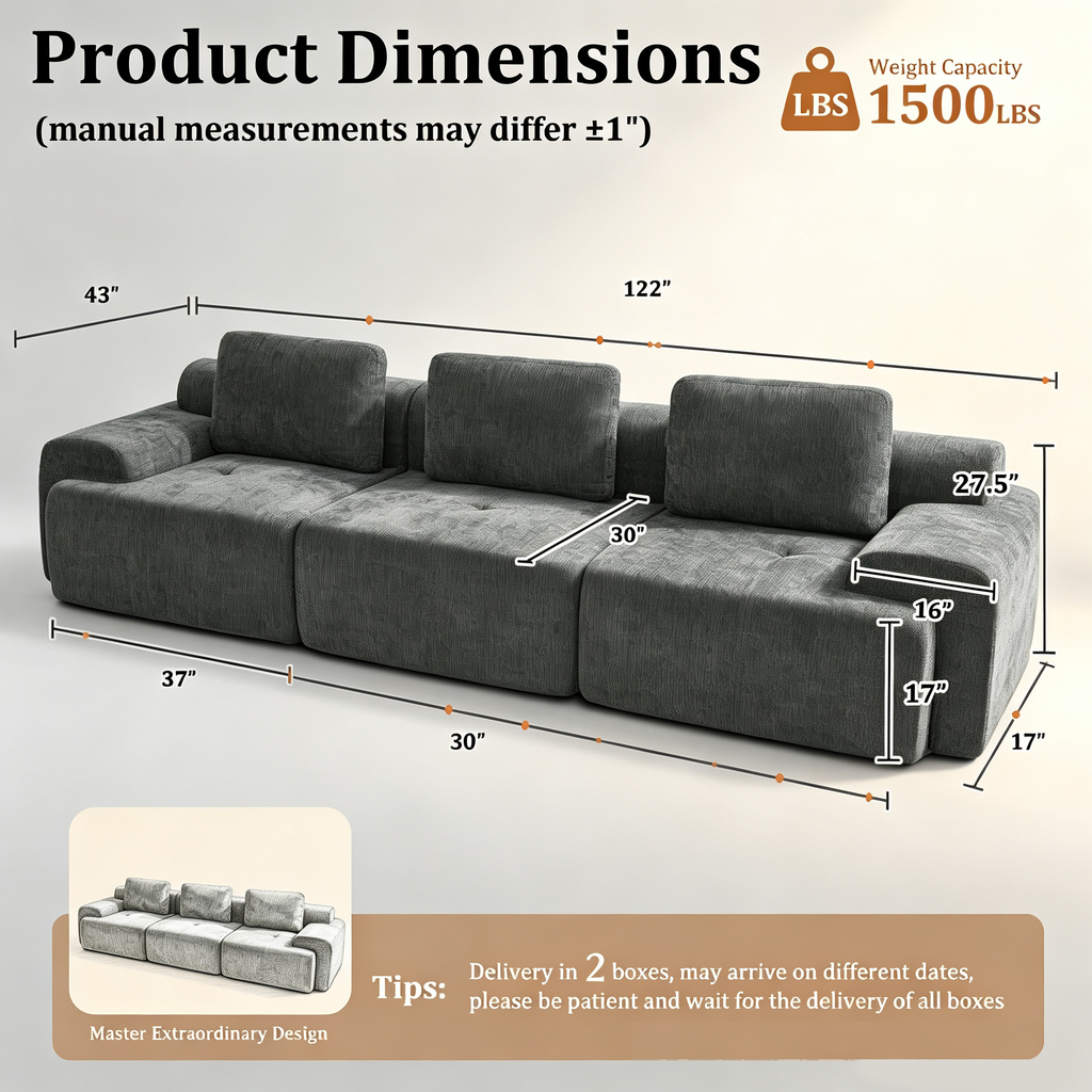 122" Oversized Cloud Modular Sofa, High Back & Extra Deep Seat, No Assembly Required Soft Chenille, Single Seat,Gray