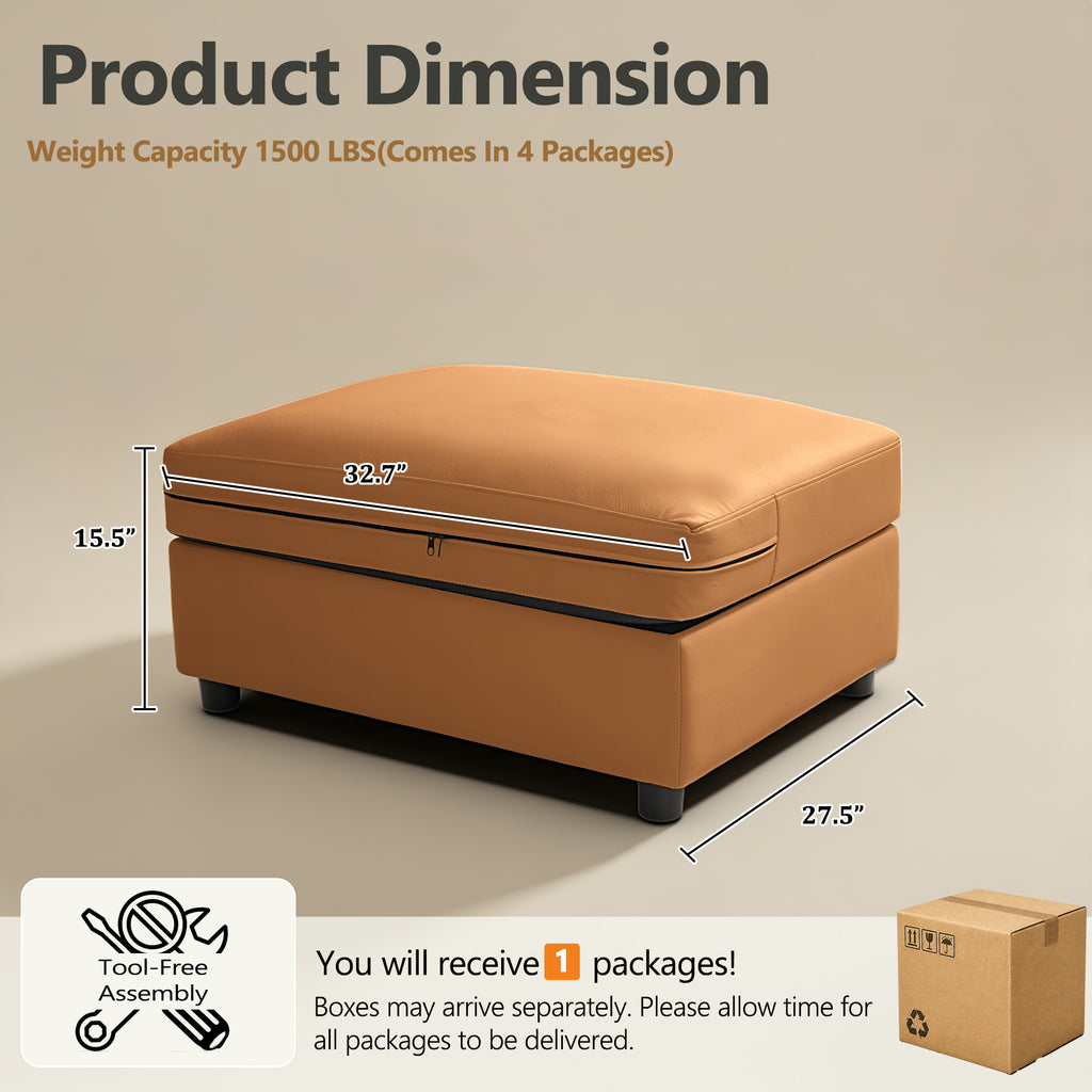 Modular Sofa Ottoman with Storage, Removable Faux Leather Cover Footrest Stool, Upholstered Storage Ottoman for Living Room Sectional Couch,Brown