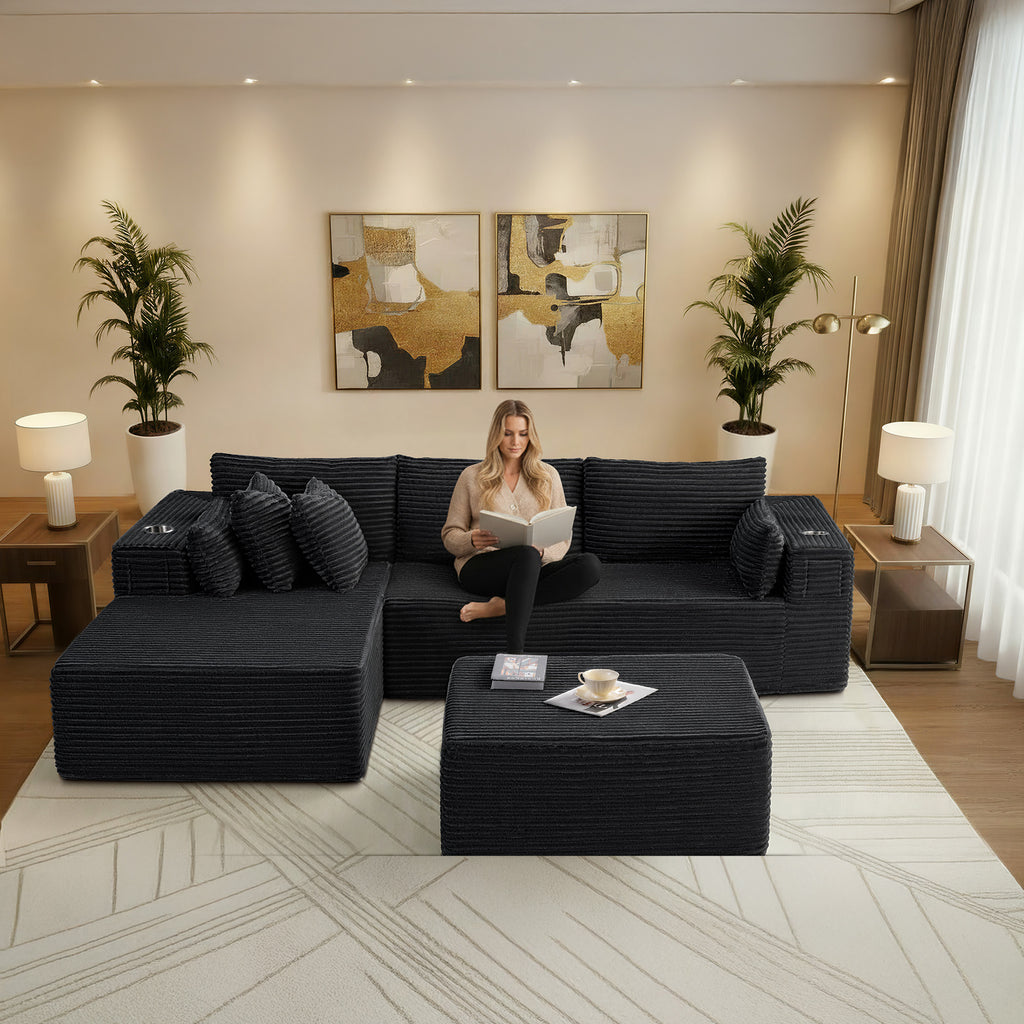 108" U-Shape Modular Cloud Sectional Boneless Sofa with Chaise & Ottoman, Extra-Wide Deep Seat Plush Corduroy Couch for Living Rooms & Apartments (Black)
