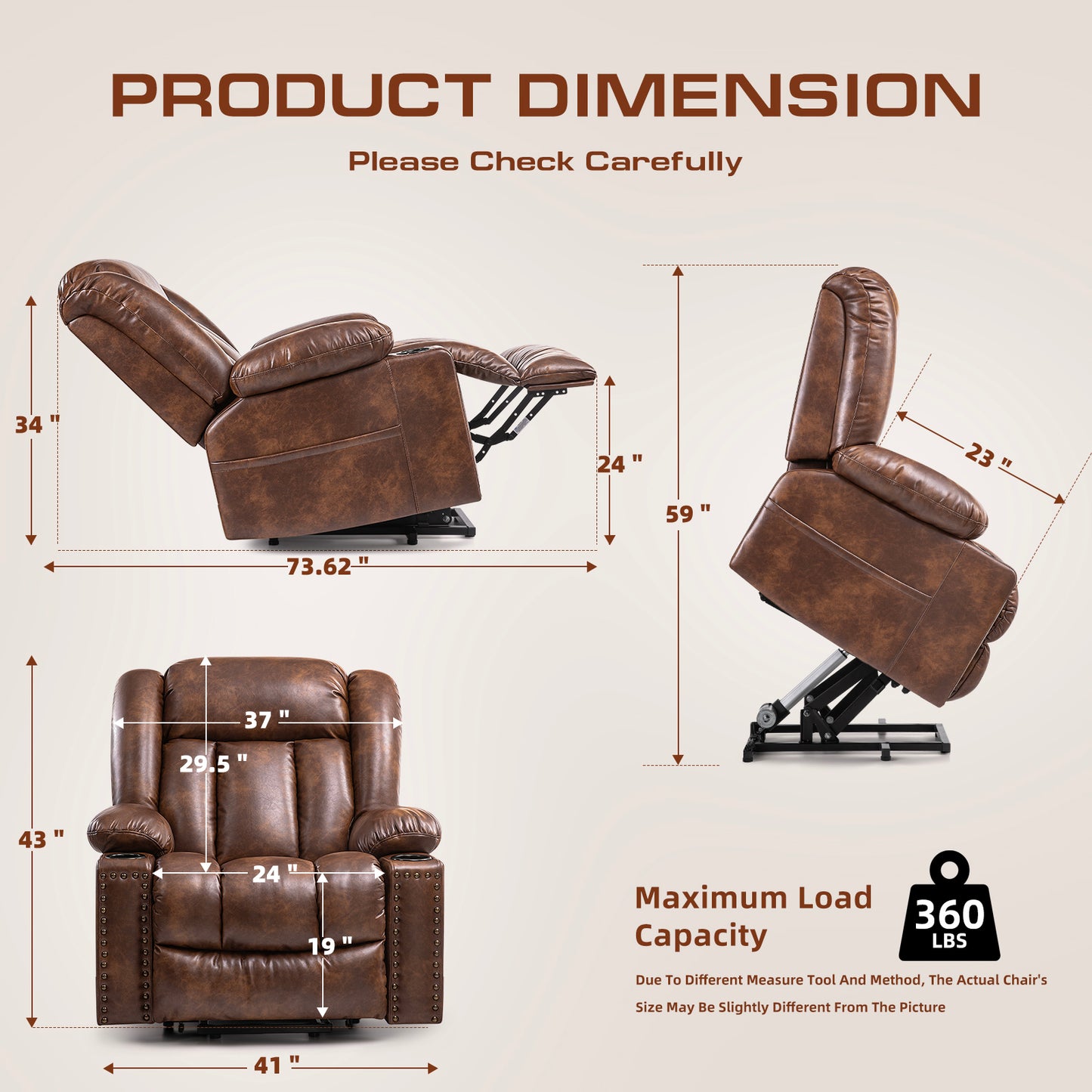 Cfvyne Large Power Lift Chairs Recliners for Elderly with Heated and Massage, Overstuffed Adjustable Lift Chairs, 3 Positions, Breathable Leather, USB-A and USB-C, Cup Holder, Side Pocket