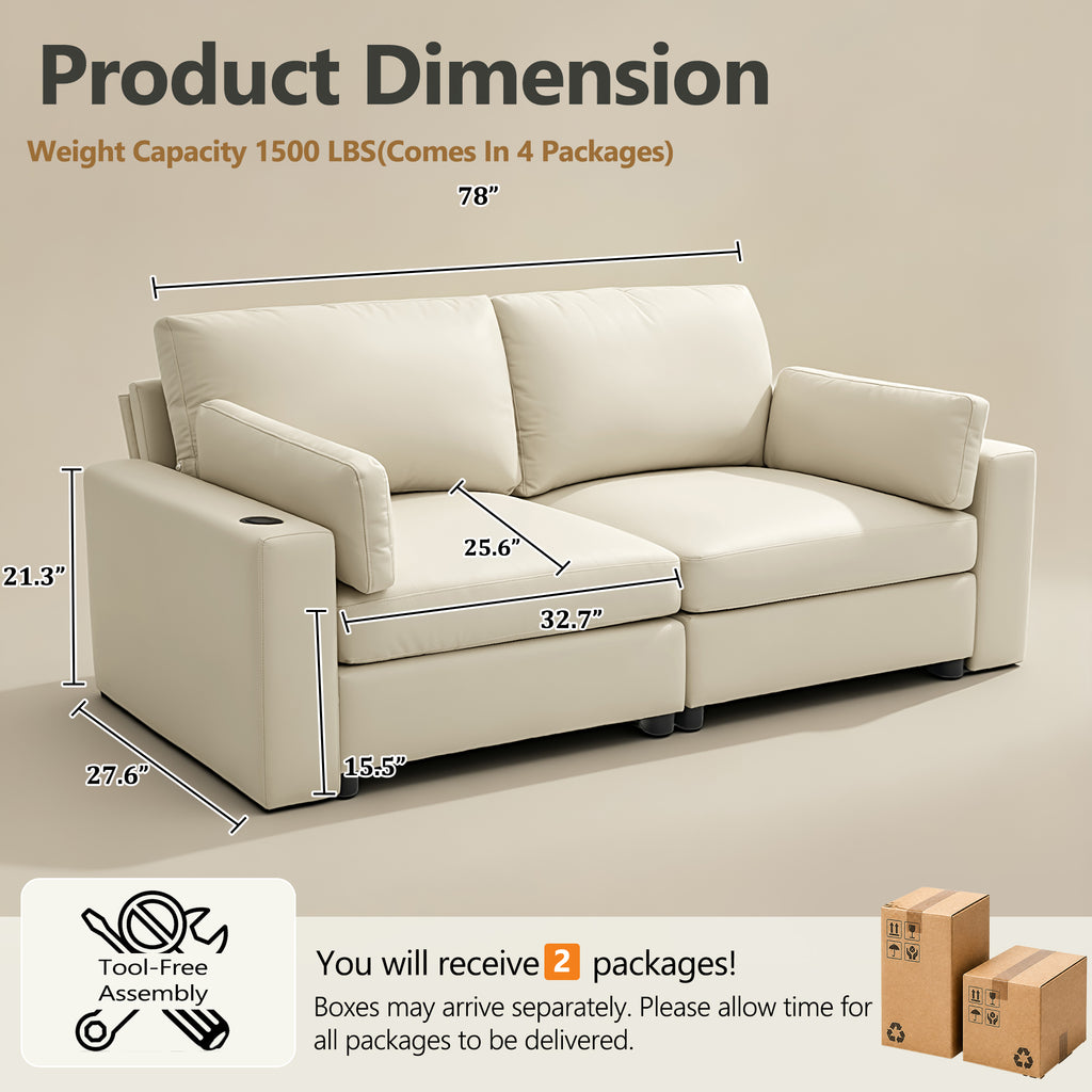 78" Oversized Faux Leather Loveseat Sofa, Deep Seat Couch with Wide Cushions, Scratch-Resistant Vegan Leather, Modern Living Room, Beige