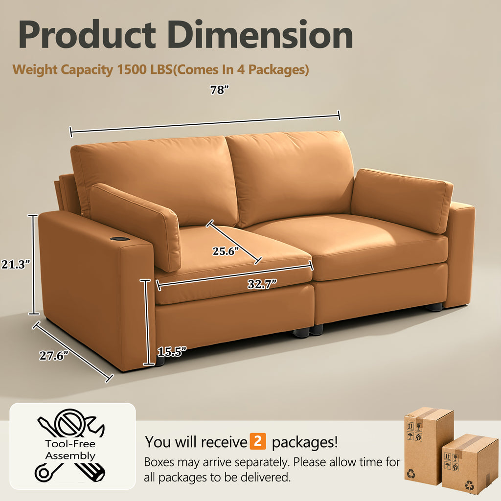 78" Oversized Faux Leather Loveseat Sofa, Deep Seat Couch with Wide Cushions, Scratch-Resistant Vegan Leather, Modern Living Room, Brown