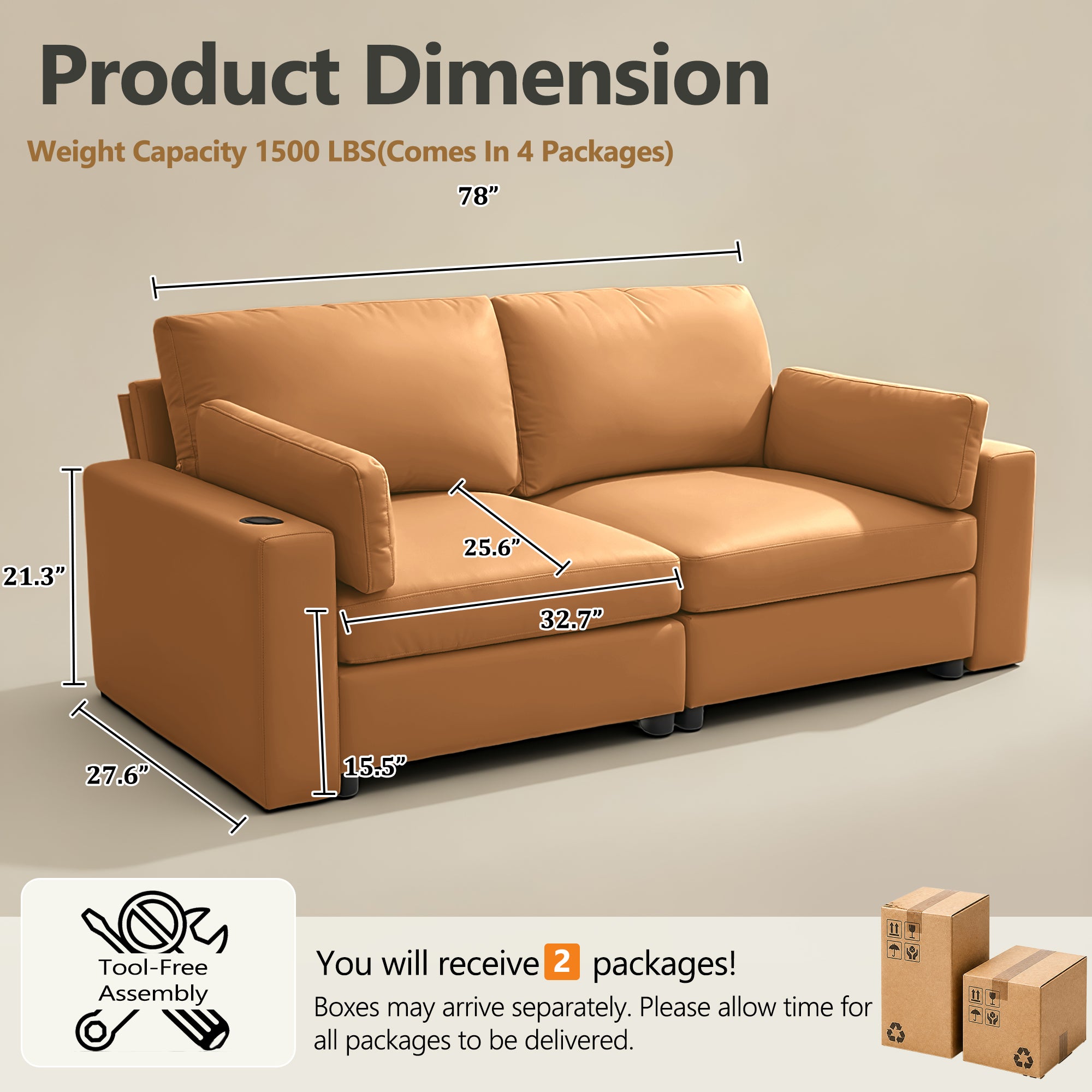 78" Oversized Faux Leather Loveseat Sofa, Deep Seat Couch with Wide Cushions, Scratch-Resistant Vegan Leather, Modern Living Room, Brown