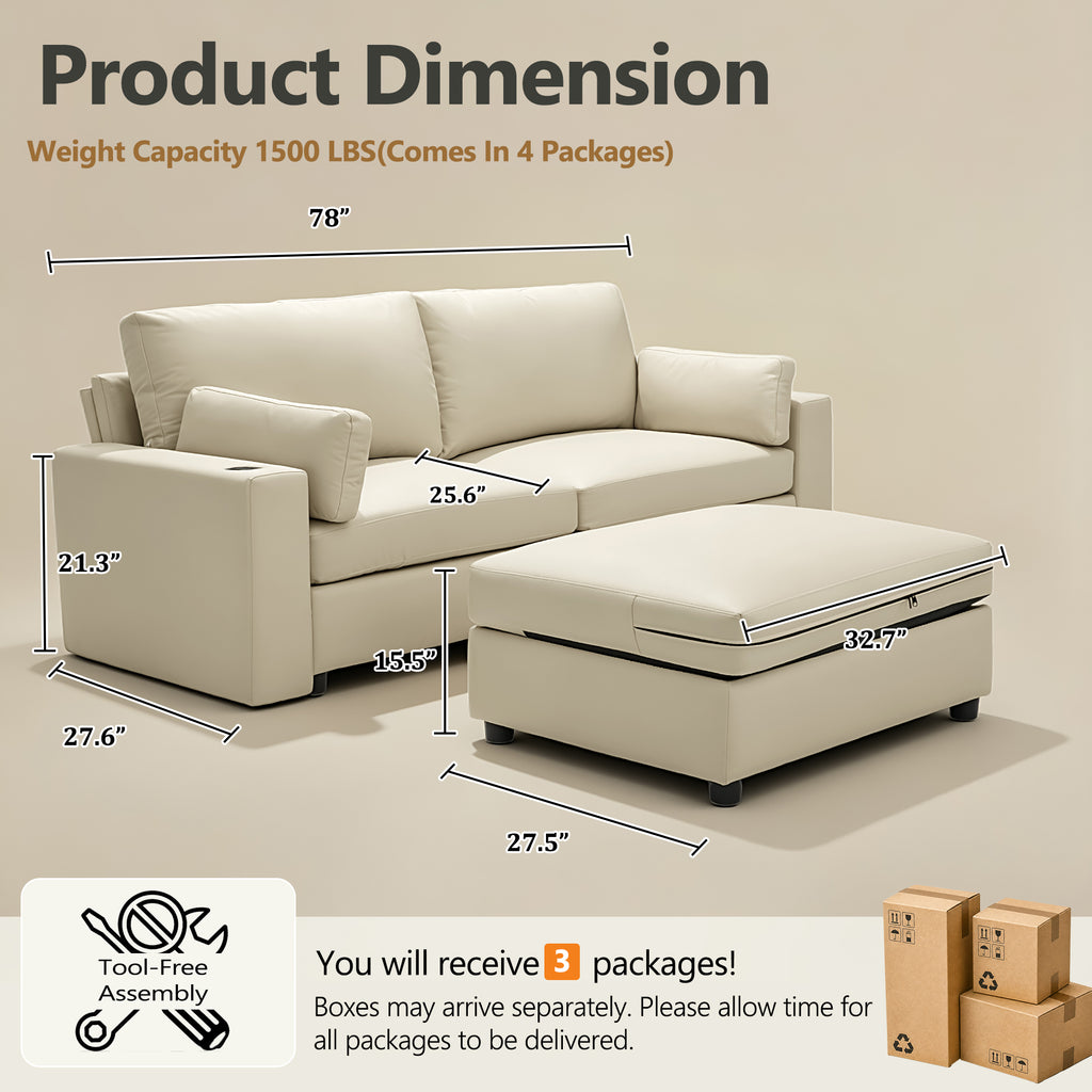 78" Oversized Faux Leather Loveseat Sofa with Storage Ottoman, Deep Seat Sectional Couch with Wide Cushions, Scratch-Resistant Vegan Leather, Modern Living Room, Beige