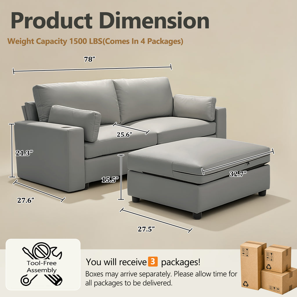 78" Oversized Faux Leather Loveseat Sofa with Storage Ottoman, Deep Seat Sectional Couch with Wide Cushions, Scratch-Resistant Vegan Leather, Modern Living Room, Dark Gray