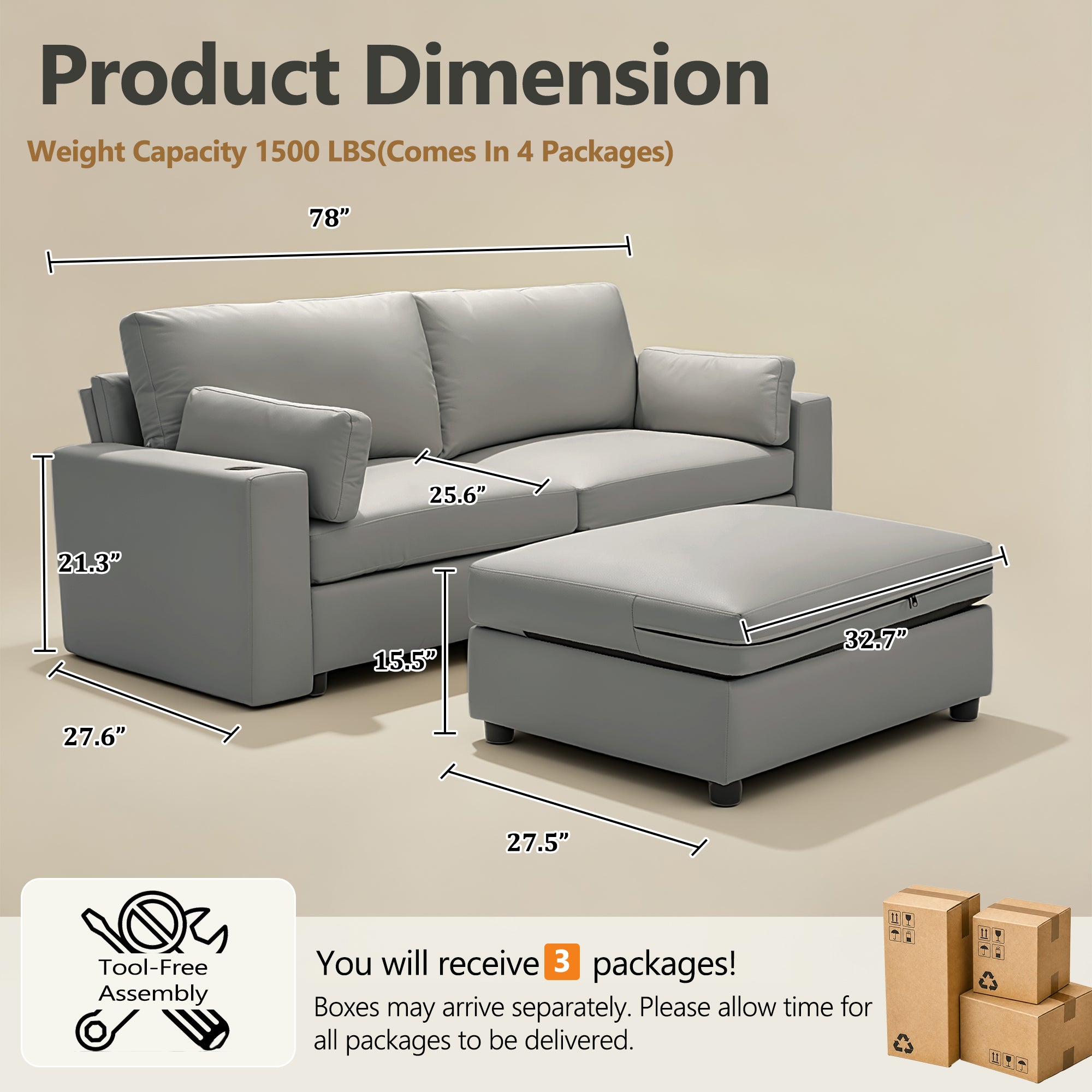 78" Oversized Faux Leather Loveseat Sofa with Storage Ottoman, Deep Seat Sectional Couch with Wide Cushions, Scratch-Resistant Vegan Leather, Modern Living Room, Dark Gray