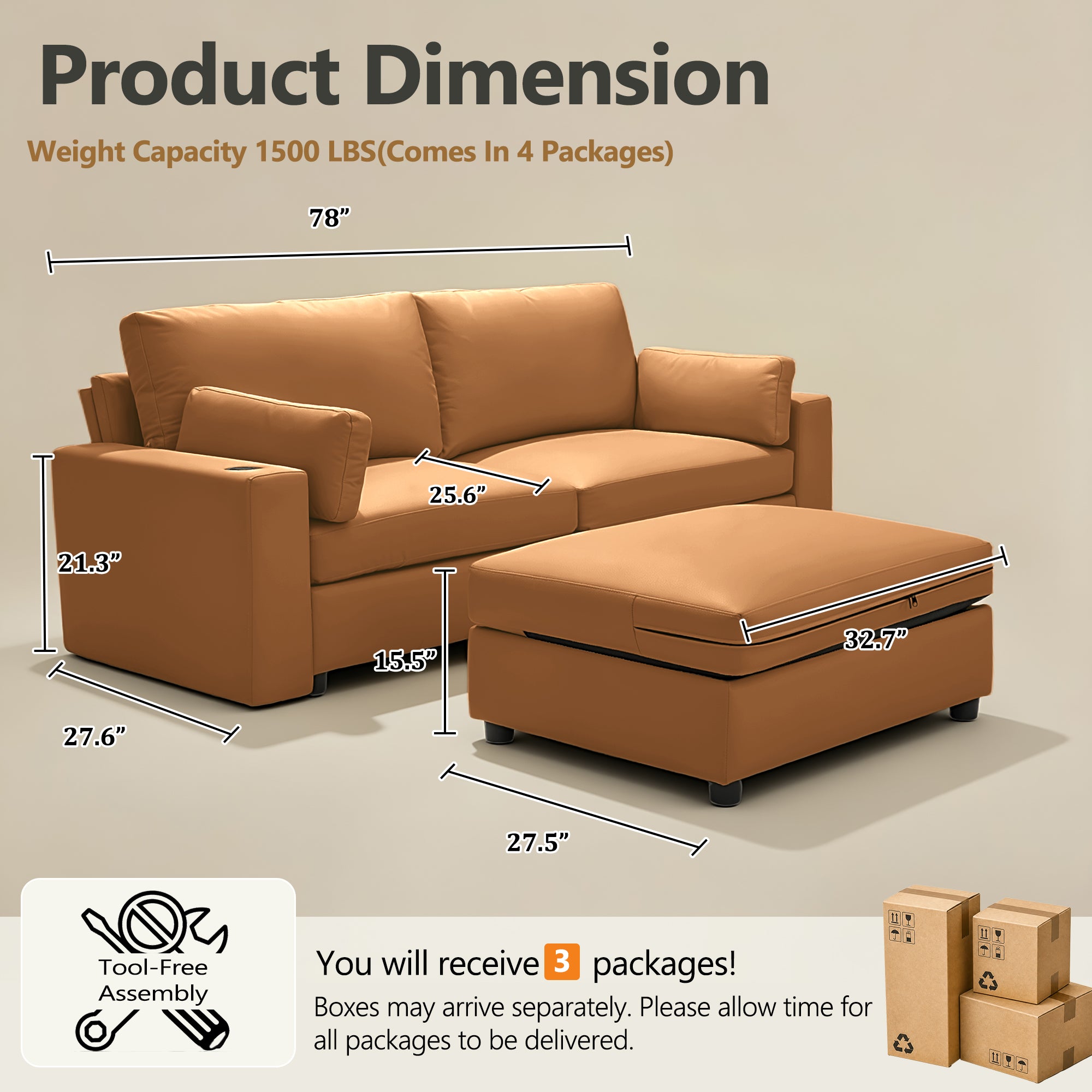117" Oversized Modular Sectional Sofa with Storage Ottoman, Deep Seat L-Shaped Faux Leather Couch, Scratch-Resistant Vegan Leather, Modern Living Room, Brown