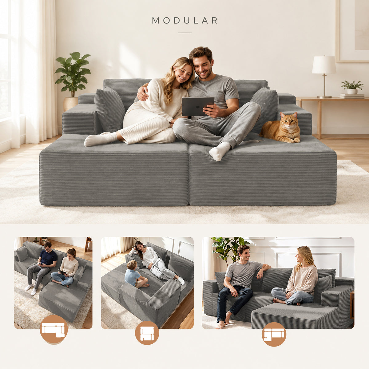 Cfvyne 98" Modular Sectional Sofa with Chaise, Boneless Cloud Couch with Dual-Layer Foam, Deep Seat L-Shaped Corduroy Sofa for Living Room, Light Gray