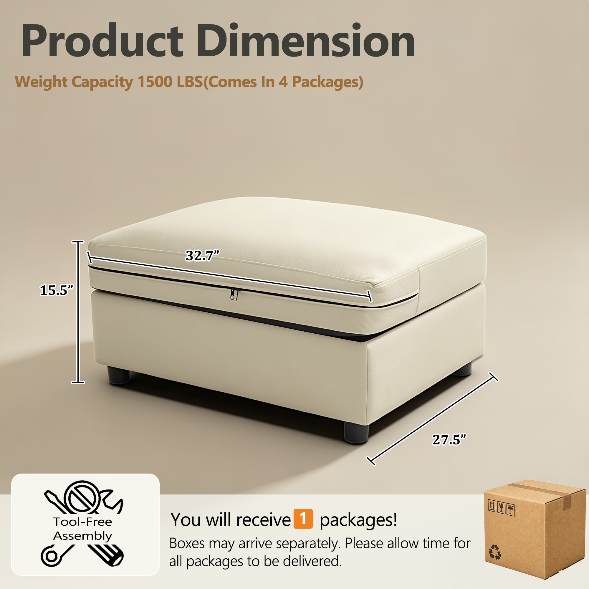 Modular Sofa Ottoman with Storage, Removable Faux Leather Cover Footrest Stool, Upholstered Storage Ottoman for Living Room Sectional Couch,Beige