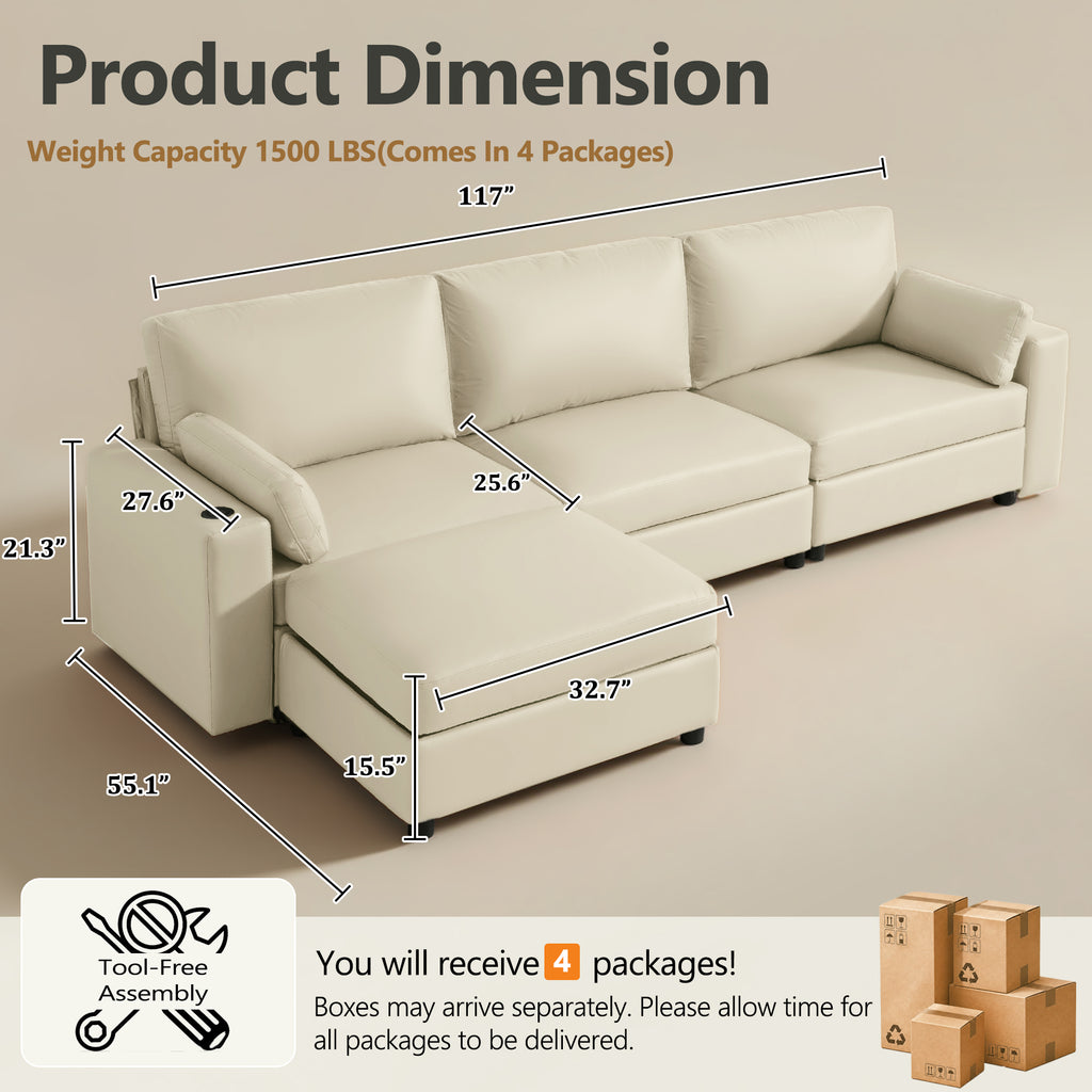 117" Oversized Modular Sectional Sofa with Storage Ottoman, Deep Seat L-Shaped Faux Leather Couch, Scratch-Resistant Vegan Leather, Modern Living Room, Beige
