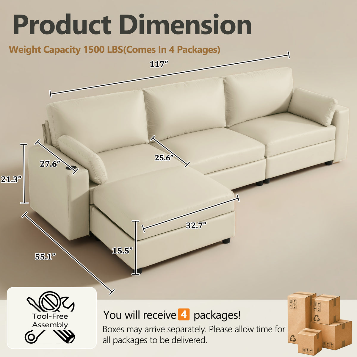 117" Oversized Modular Sectional Sofa with Storage Ottoman, Deep Seat L-Shaped Faux Leather Couch, Scratch-Resistant Vegan Leather, Modern Living Room, Beige