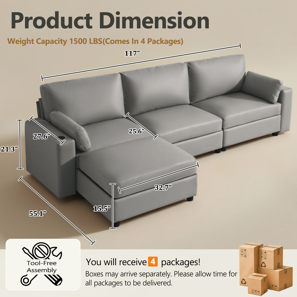 117" Oversized Modular Sectional Sofa with Storage Ottoman, Deep Seat L-Shaped Faux Leather Couch, Scratch-Resistant Vegan Leather, Modern Living Room, Dark Gray