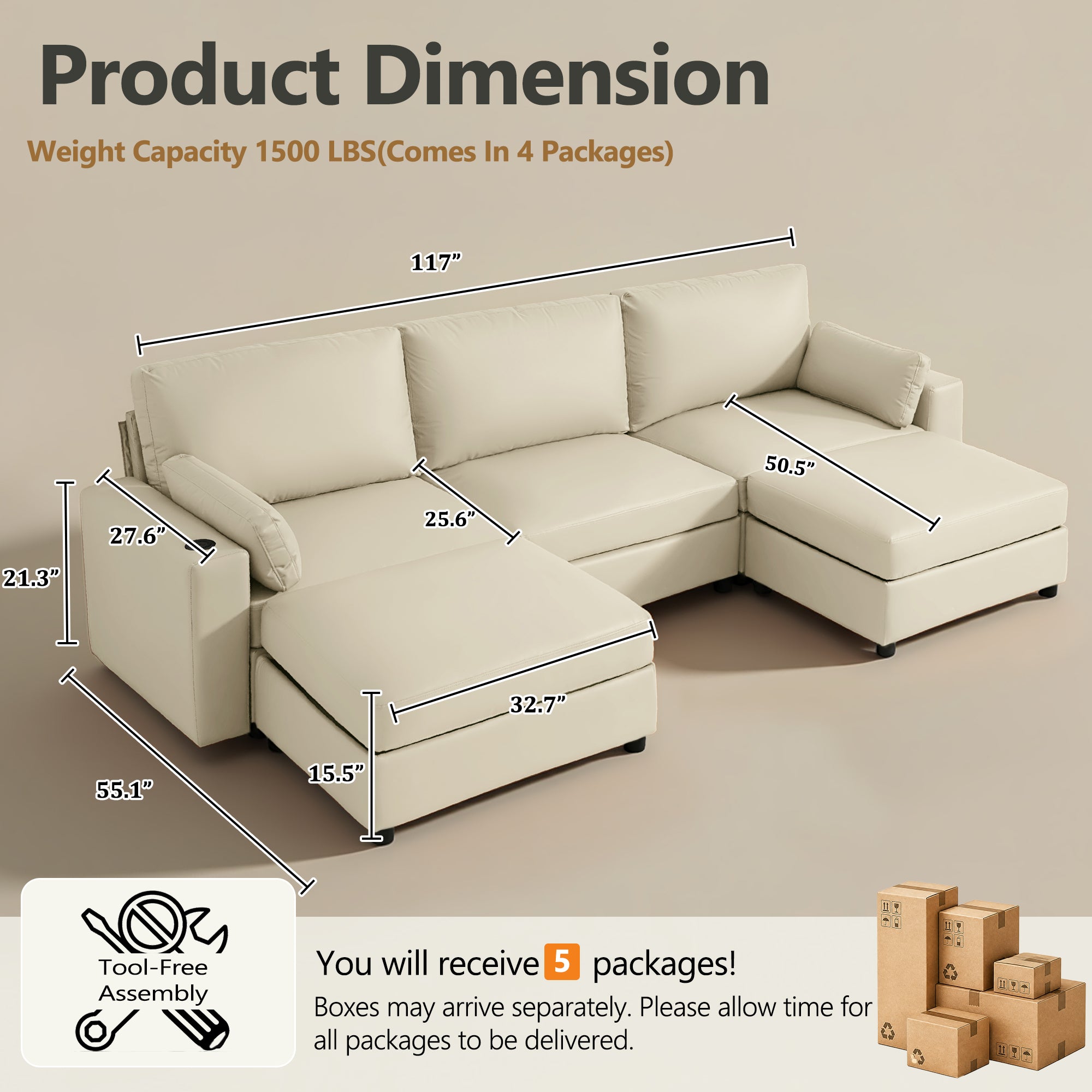 117" Oversized Modular U-Shaped Sectional Sofa with 2 Storage Ottomans, Deep Seat Faux Leather Couch, Scratch-Resistant Vegan Leather, Modern Living Room, Beige