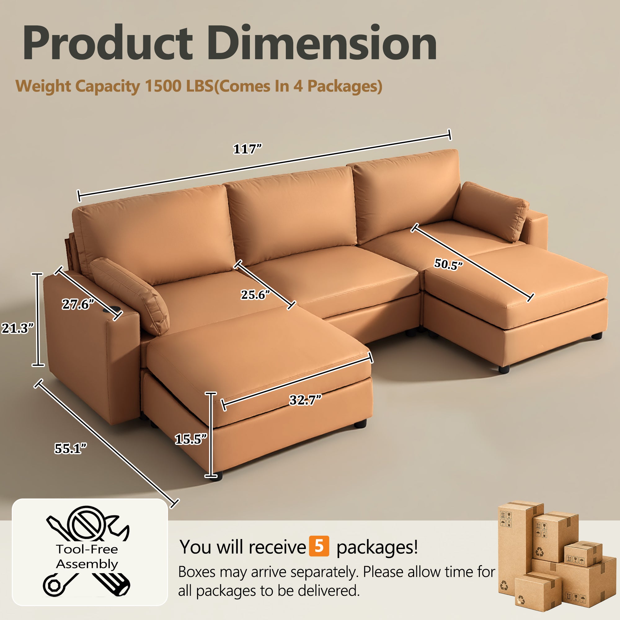 117" Oversized Modular U-Shaped Sectional Sofa with 2 Storage Ottomans, Deep Seat Faux Leather Couch, Scratch-Resistant Vegan Leather, Modern Living Room, Brown