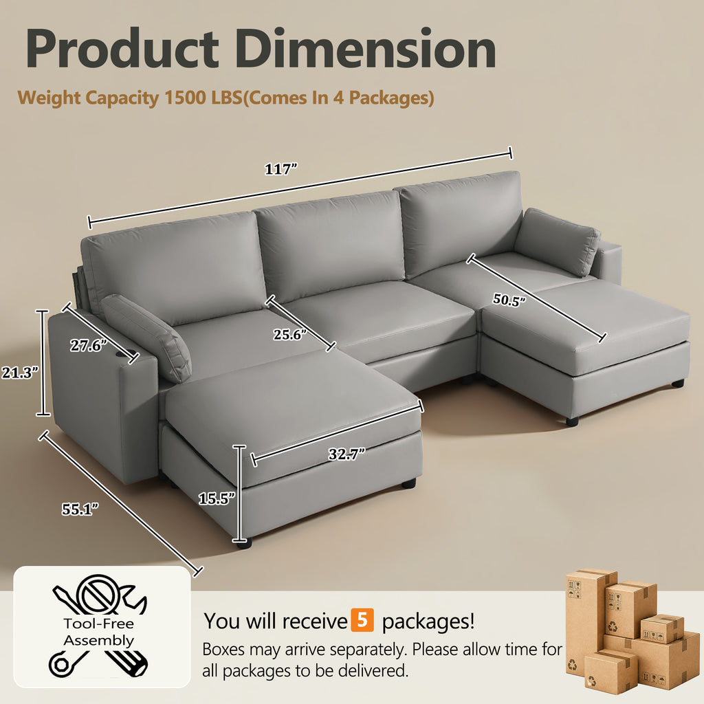117" Oversized Modular U-Shaped Sectional Sofa with 2 Storage Ottomans, Deep Seat Faux Leather Couch, Scratch-Resistant Vegan Leather, Modern Living Room, Dark Gray