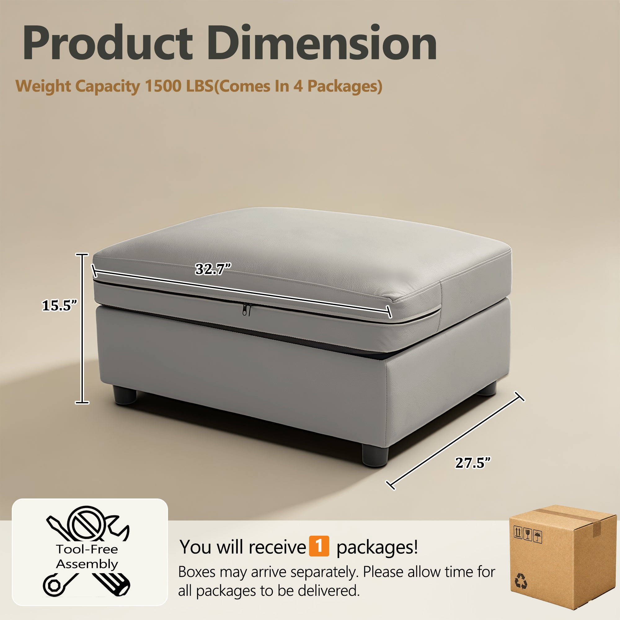 Modular Sofa Ottoman with Storage, Removable Faux Leather Cover Footrest Stool, Upholstered Storage Ottoman for Living Room Sectional Couch,Dark Gray