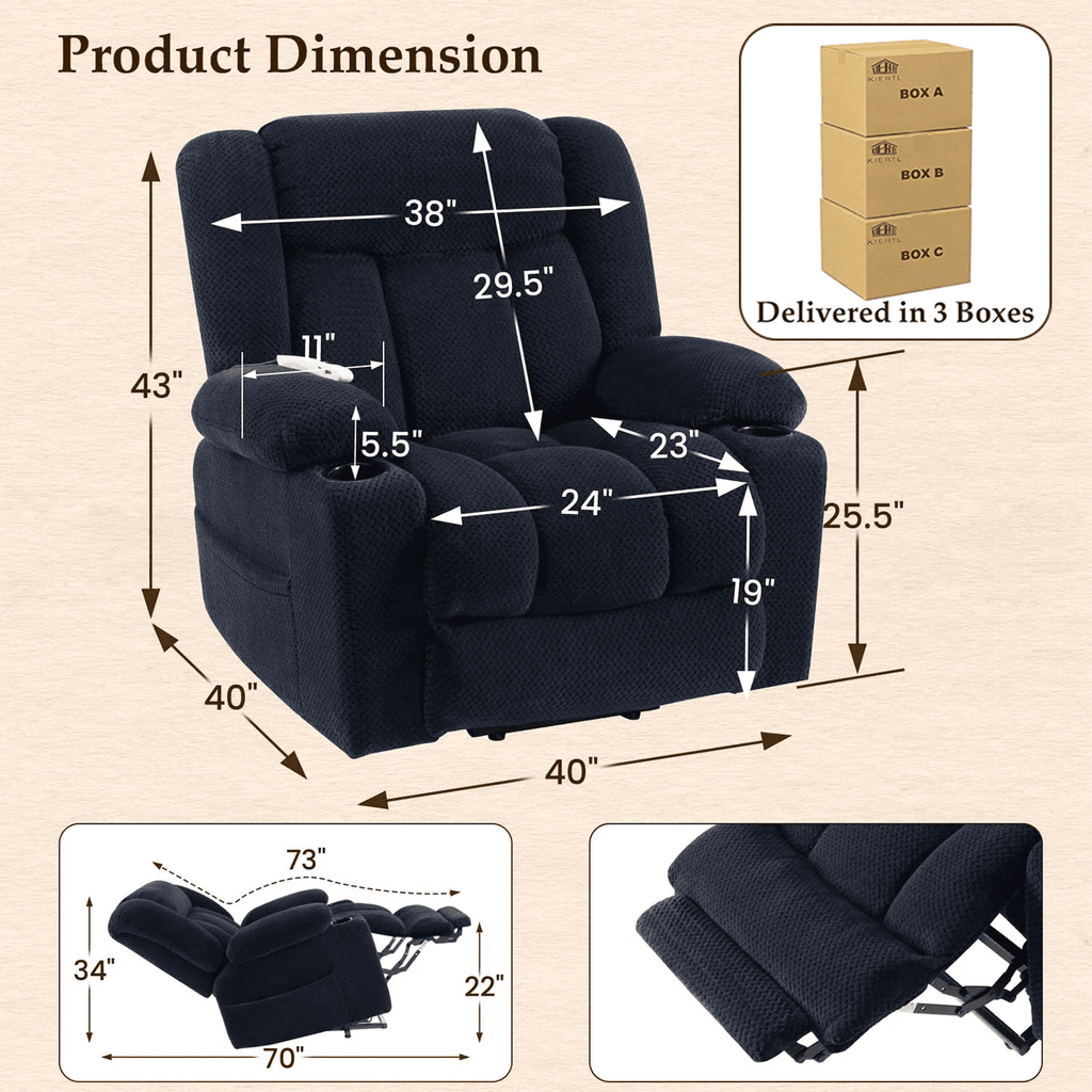 Large-Wide Power Lift Recliner Chair for Elderly, Big and Tall, Heat and Massage, Lift Chairs Recliners with Extended Footrest, Remote Control, 2 Cup Holders