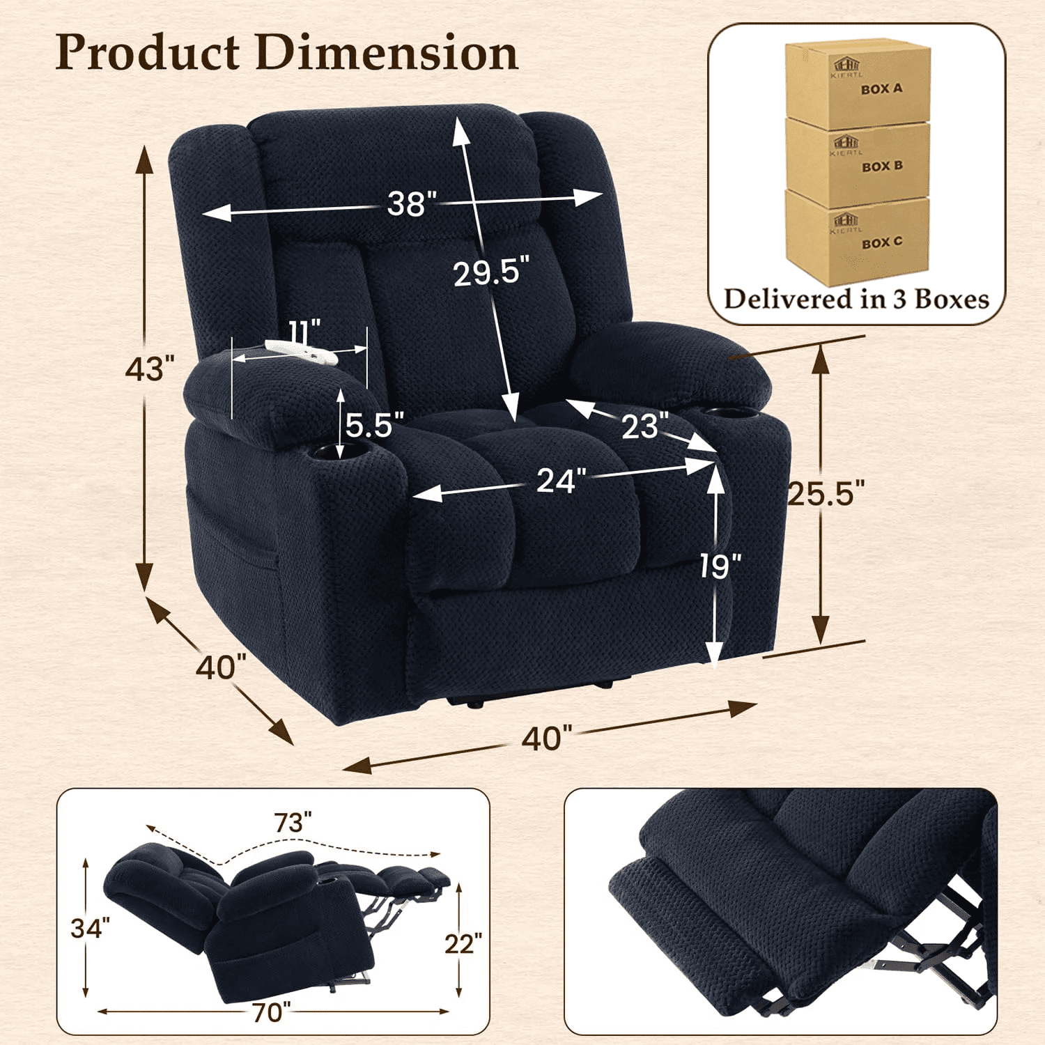 Large-Wide Power Lift Recliner Chair for Elderly, Big and Tall, Heat and Massage, Lift Chairs Recliners with Extended Footrest, Remote Control, 2 Cup Holders