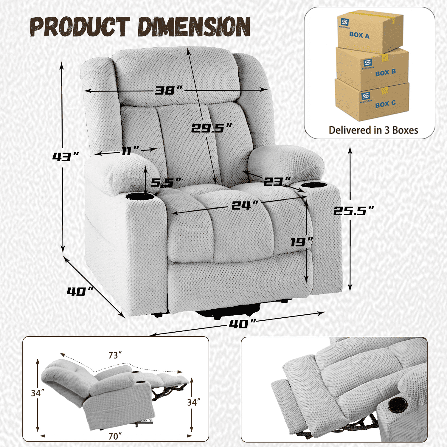 Large-Wide Power Lift Recliner Chair for Elderly, Big and Tall, Heat and Massage, Lift Chairs Recliners with Extended Footrest, Remote Control, 2 Cup Holders