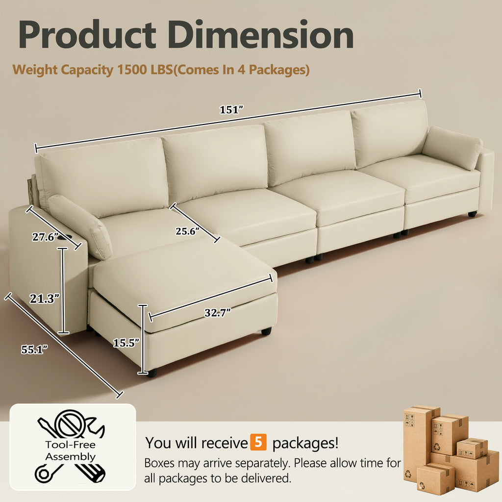 151" Oversized Modular Sectional Sofa with Storage Ottoman, Deep Seat L-Shaped Faux Leather Couch, Scratch-Resistant Vegan Leather, Modern Living Room, Beige