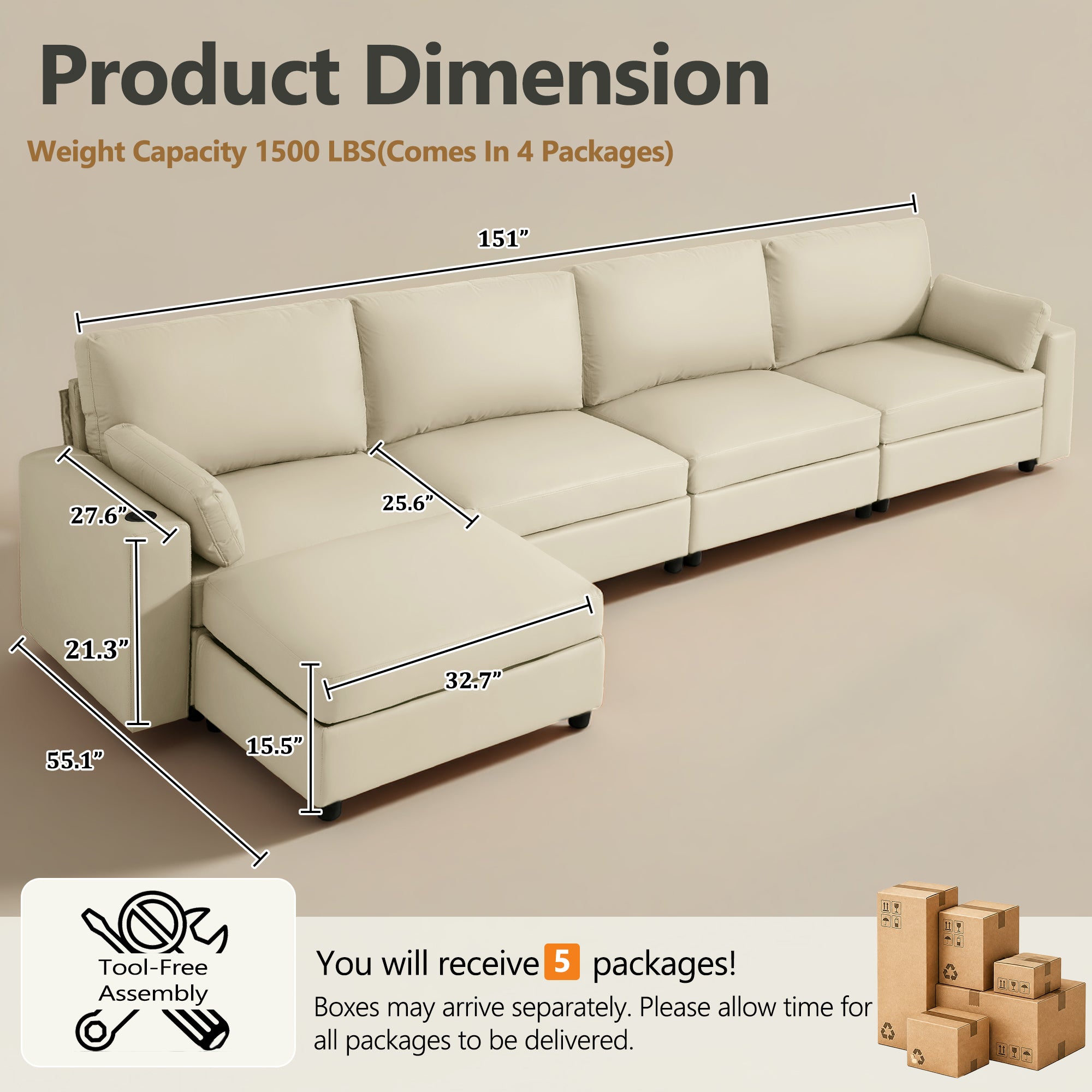 151" Oversized Modular Sectional Sofa with Storage Ottoman, Deep Seat L-Shaped Faux Leather Couch, Scratch-Resistant Vegan Leather, Modern Living Room, Beige