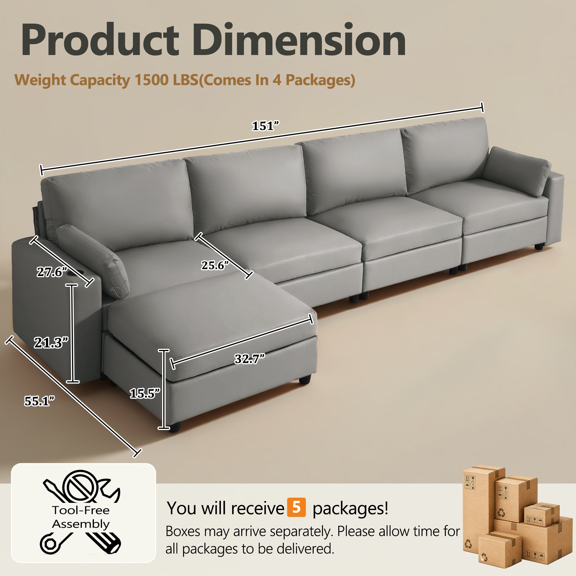 151" Oversized Modular Sectional Sofa with Storage Ottoman, Deep Seat L-Shaped Faux Leather Couch, Scratch-Resistant Vegan Leather, Modern Living Room, Dark Gray