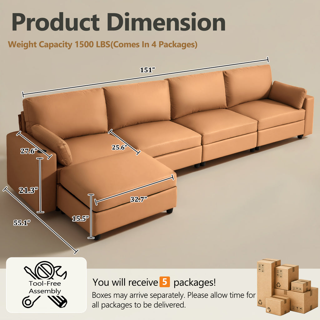151" Oversized Modular Sectional Sofa with Storage Ottoman, Deep Seat L-Shaped Faux Leather Couch, Scratch-Resistant Vegan Leather, Modern Living Room, Brown