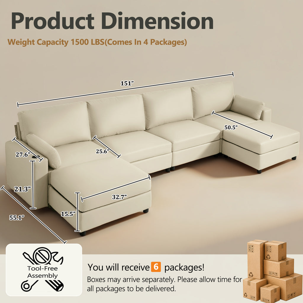 151" Oversized Modular U-Shaped Sectional Sofa with 2 Storage Ottomans, Deep Seat Faux Leather Couch, Scratch-Resistant Vegan Leather, Modern Living Room, Beige