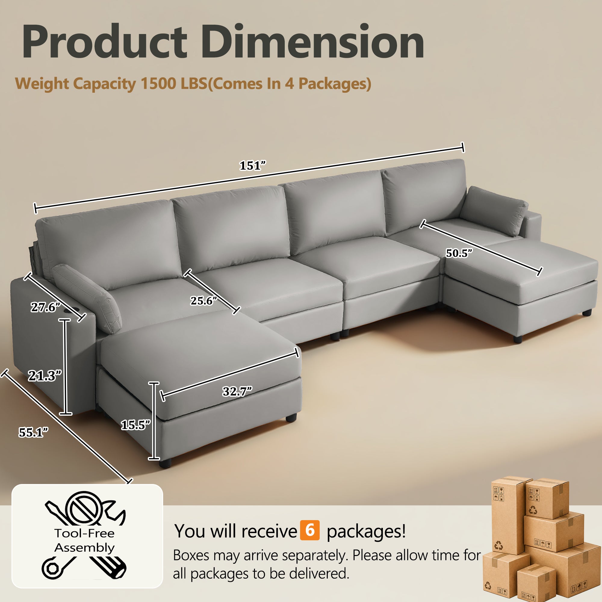 151" Oversized Modular U-Shaped Sectional Sofa with 2 Storage Ottomans, Deep Seat Faux Leather Couch, Scratch-Resistant Vegan Leather, Modern Living Room, Dark Gray