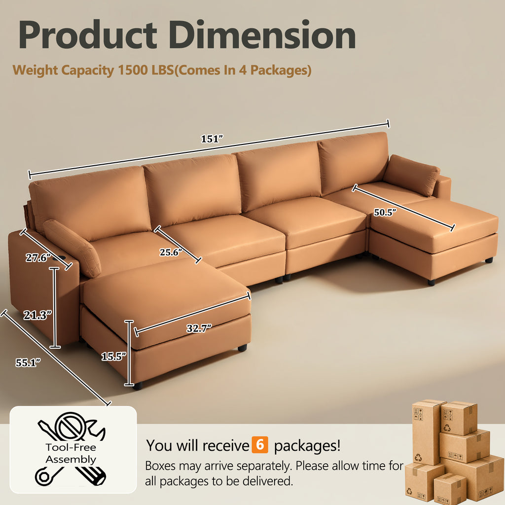 151" Oversized Modular U-Shaped Sectional Sofa with 2 Storage Ottomans, Deep Seat Faux Leather Couch, Scratch-Resistant Vegan Leather, Modern Living Room, Brown