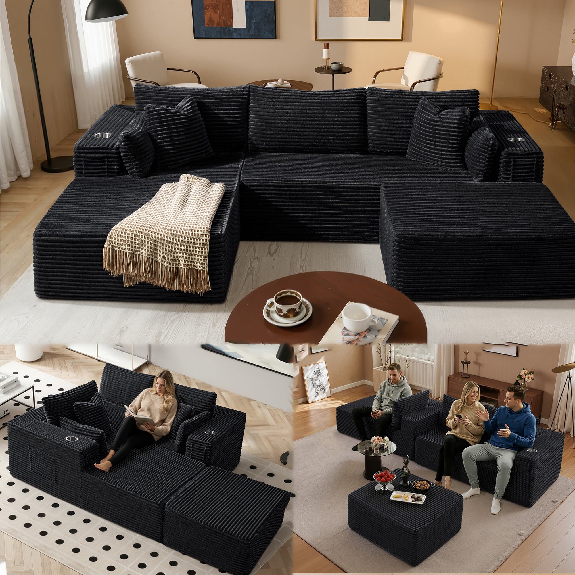 108" U-Shape Modular Cloud Sectional Boneless Sofa with Chaise & Ottoman, Extra-Wide Deep Seat Plush Corduroy Couch for Living Rooms & Apartments (Black)