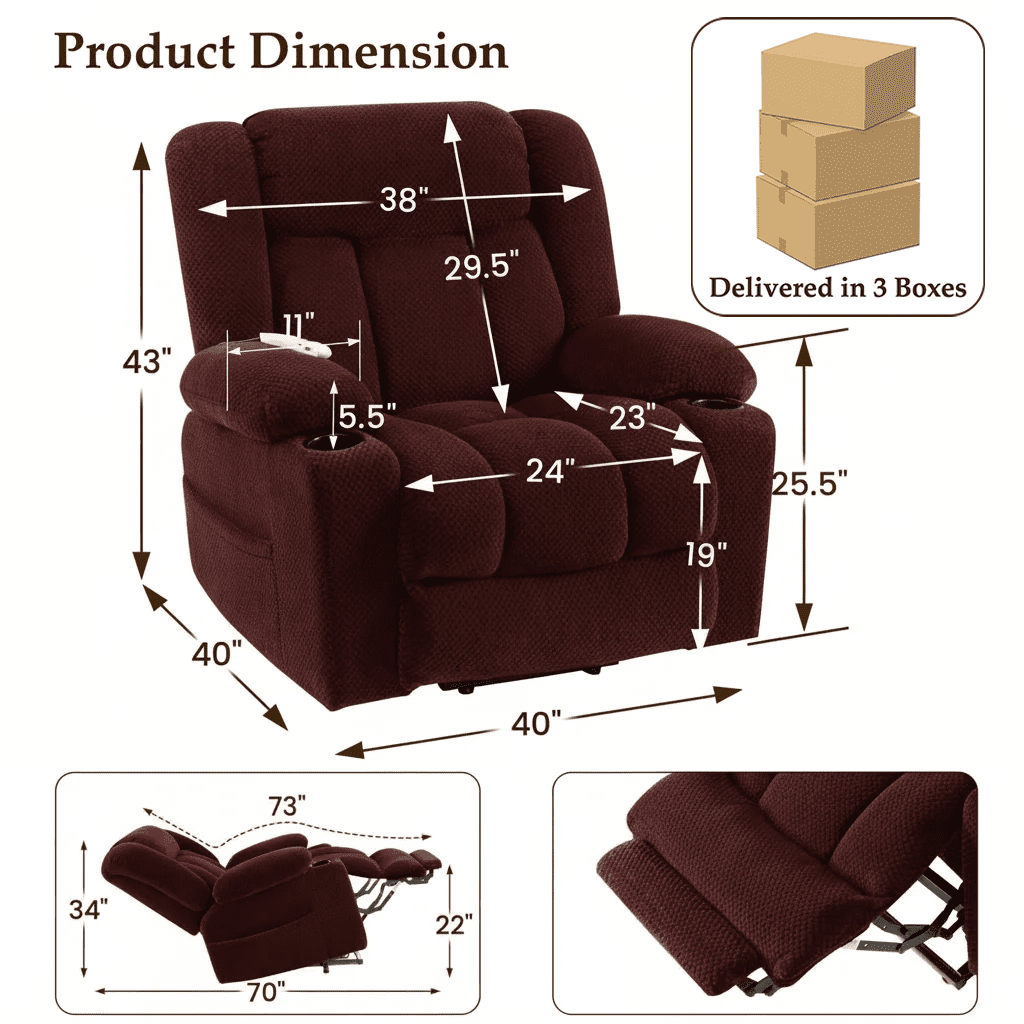 Large-Wide Power Lift Recliner Chair for Elderly, Big and Tall, Heat and Massage, Lift Chairs Recliners with Extended Footrest, Remote Control, 2 Cup Holders