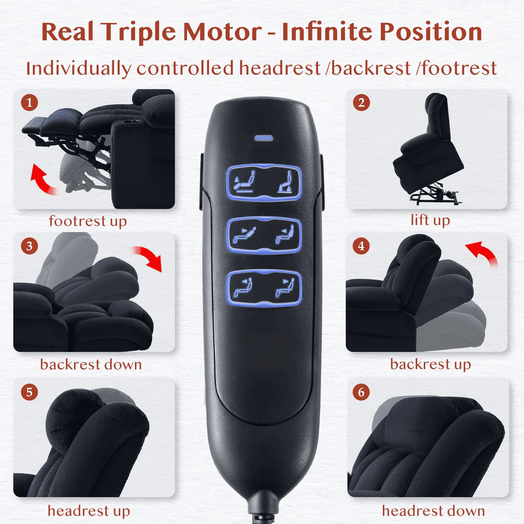 Triple Motor Large-Wide Power Lift Recliner Chair for Elderly Big and Tall, Lay Flat, Heat and Massage, Infinite Position, Power Headrest