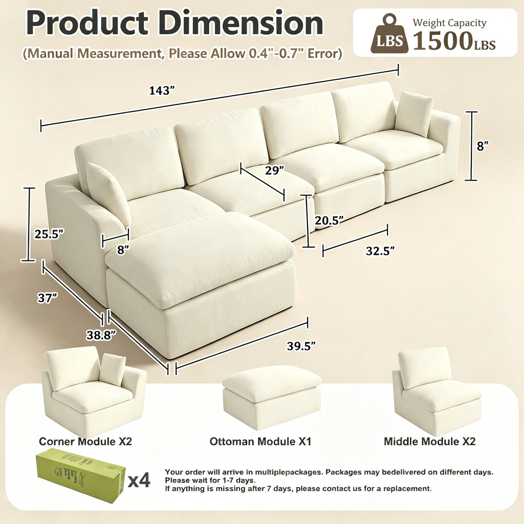 143" 4-Seater Cloud Sofa with Movable Ottoman, Deep Seat Modelar Sectional Sofa with Memory Foam, Soft Chenille Fabric, Plush Comfy Sofa for Living Room, Beige