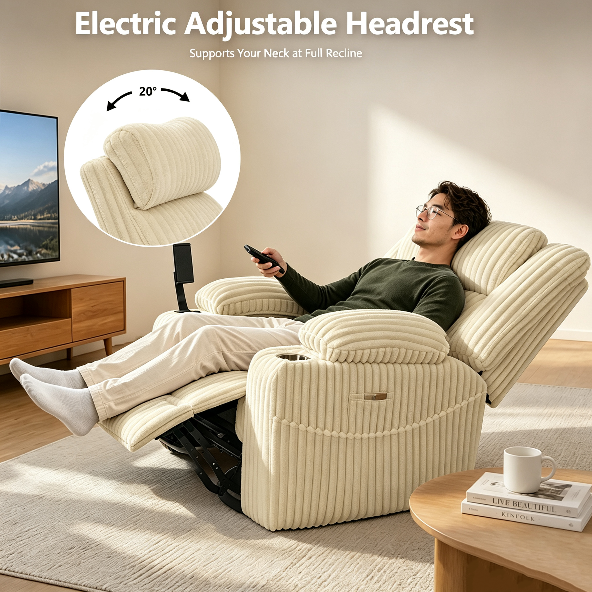 Large Wide Power Lift Recliner Chair for Elderly, Oversized Recliner with Power Headrest, Heat and Massage, Extended Footrest, USB Ports, Cup Holders and Storage Pockets, Khaki