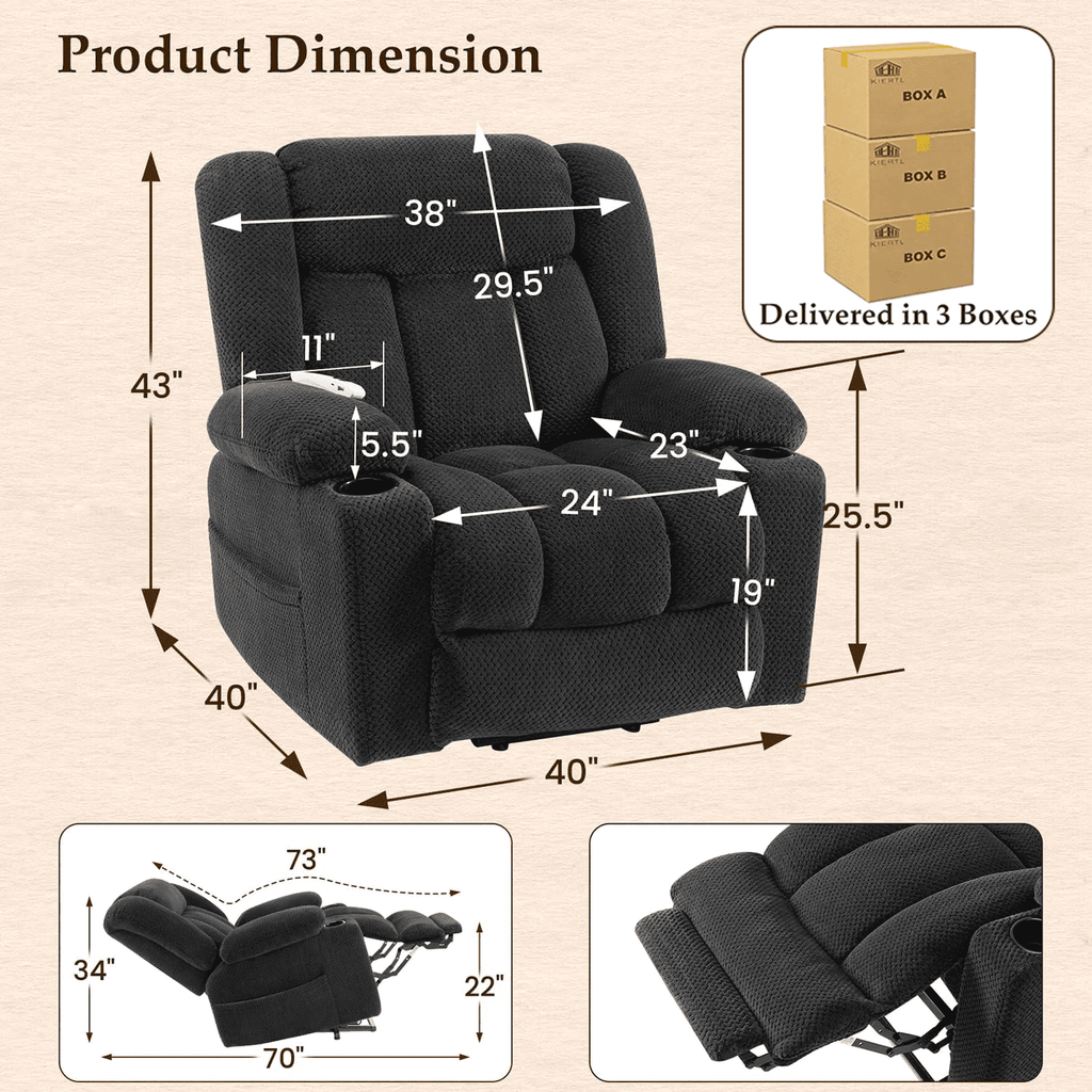 Large-Wide Power Lift Recliner Chair for Elderly, Big and Tall, Heat and Massage, Lift Chairs Recliners with Extended Footrest, Remote Control, 2 Cup Holders
