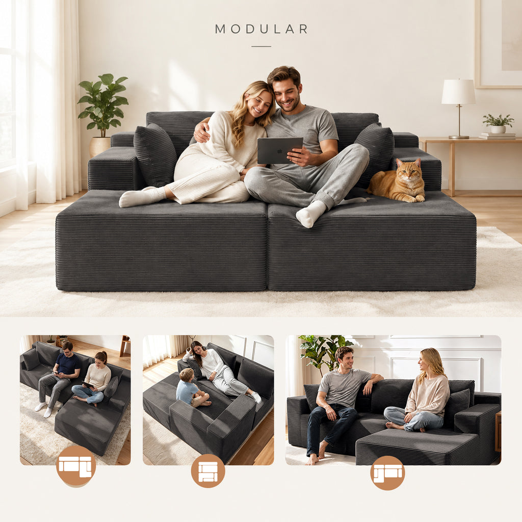 Cfvyne 98" Modular Sectional Sofa with Chaise, Boneless Cloud Couch with Dual-Layer Foam, Deep Seat L-Shaped Corduroy Sofa for Living Room, Dark Gray