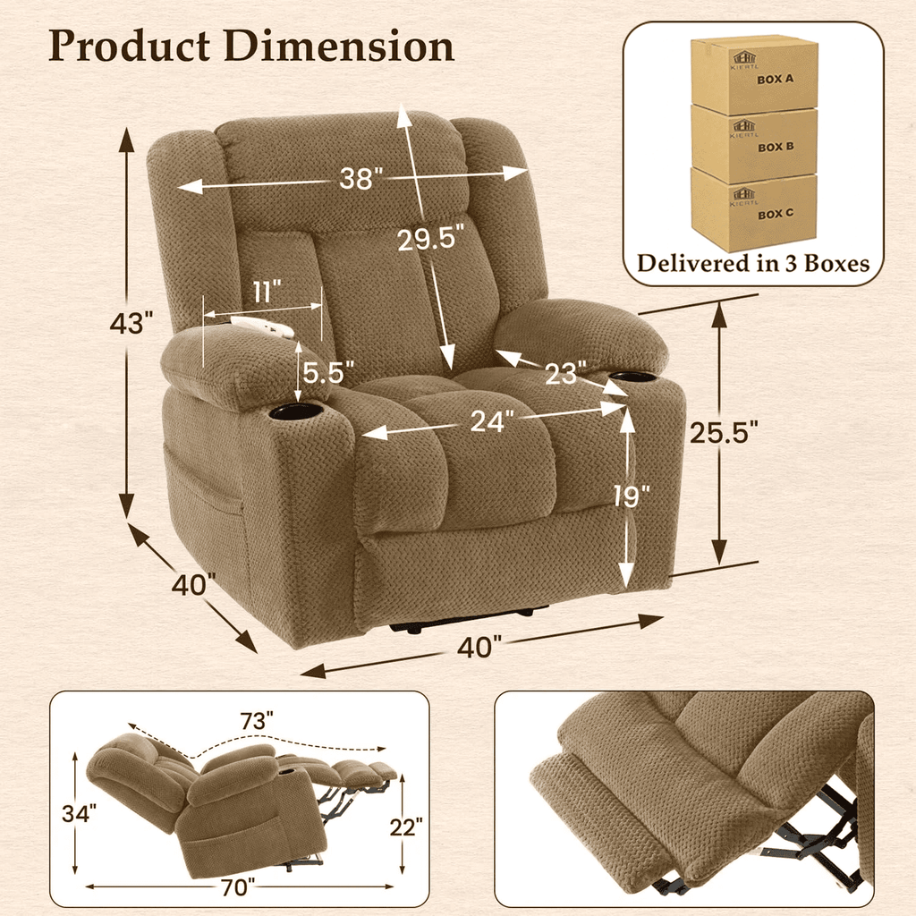 Large-Wide Power Lift Recliner Chair for Elderly, Big and Tall, Heat and Massage, Lift Chairs Recliners with Extended Footrest, Remote Control, 2 Cup Holders