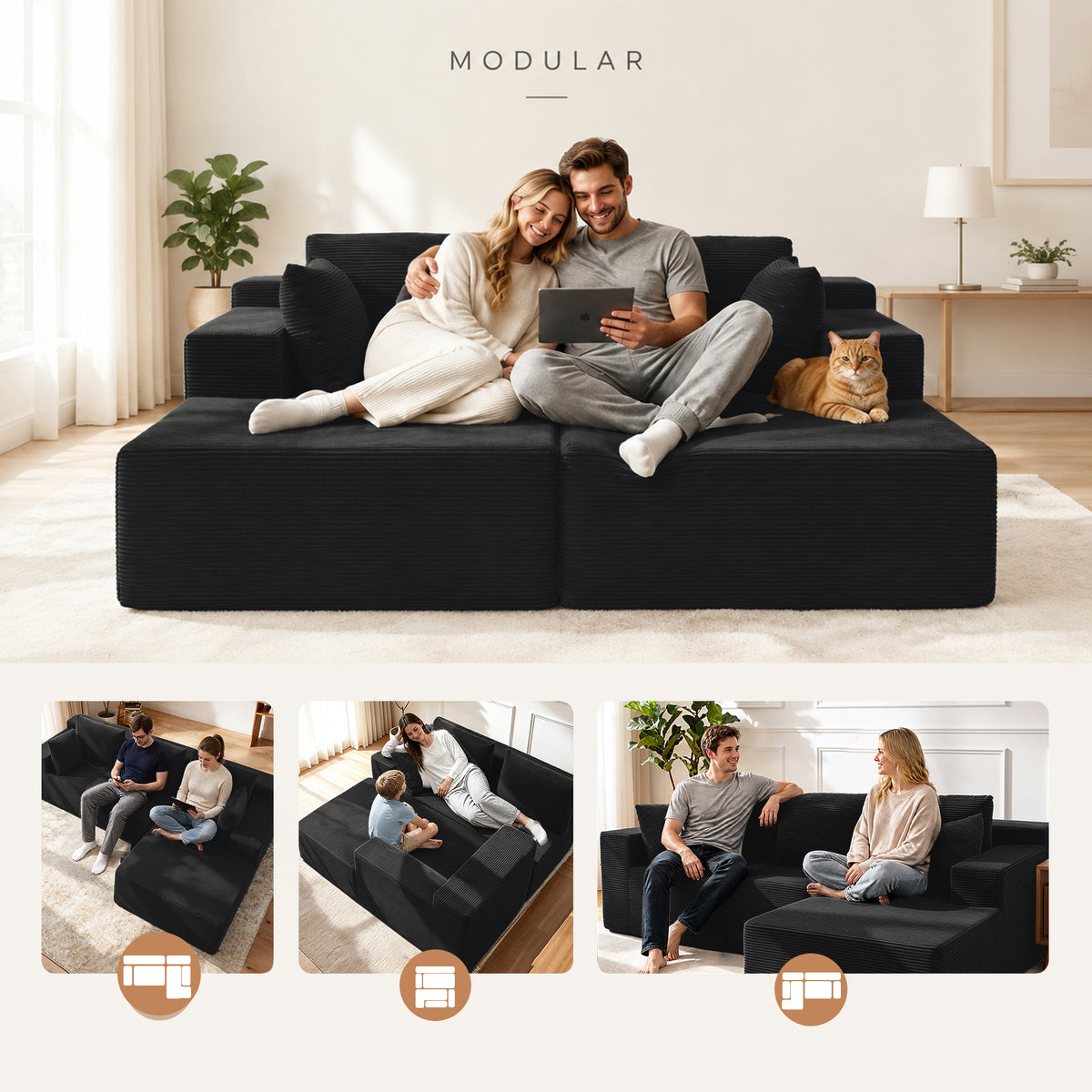 Cfvyne 98" Modular Sectional Sofa with Chaise, Boneless Cloud Couch with Dual-Layer Foam, Deep Seat L-Shaped Corduroy Sofa for Living Room, Black