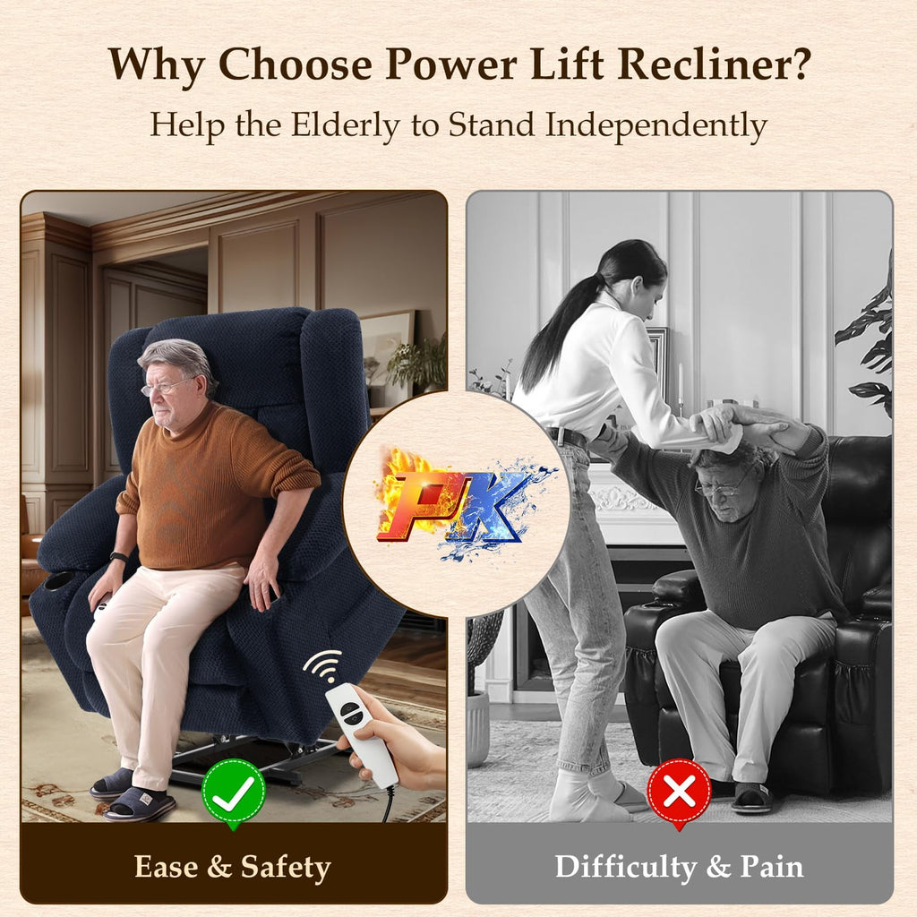 Large-Wide Power Lift Recliner Chair for Elderly, Big and Tall, Heat and Massage, Lift Chairs Recliners with Extended Footrest, Remote Control, 2 Cup Holders