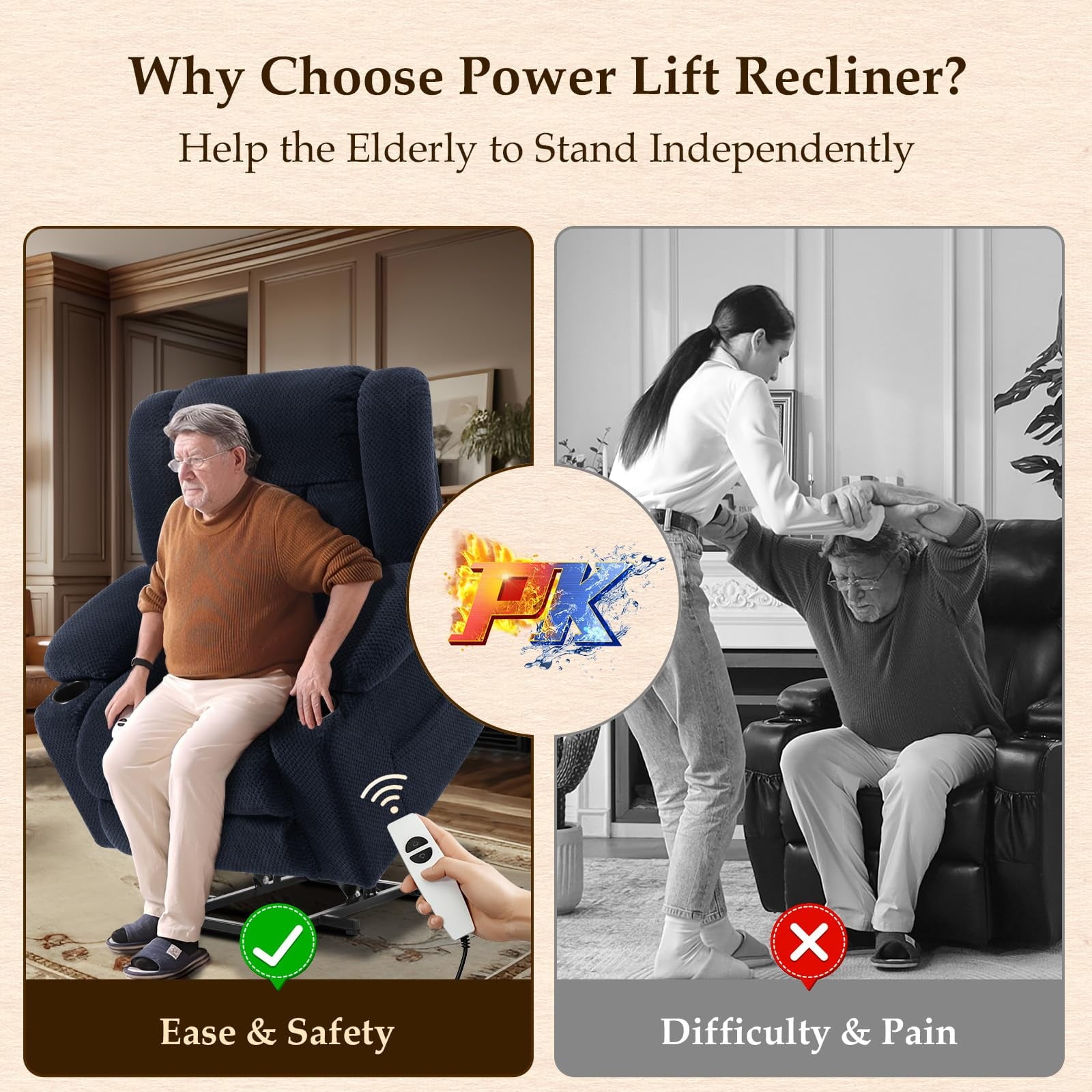 Large-Wide Power Lift Recliner Chair for Elderly, Big and Tall, Heat and Massage, Lift Chairs Recliners with Extended Footrest, Remote Control, 2 Cup Holders